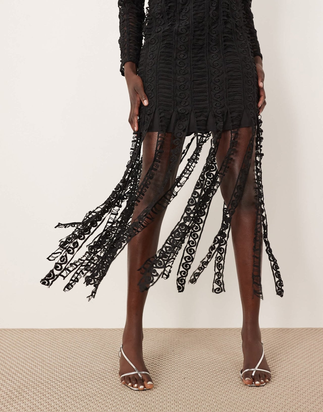ARRANGE embroidered lace long sleeve midi dress with fringe hem in black - ASOS Sample Sale