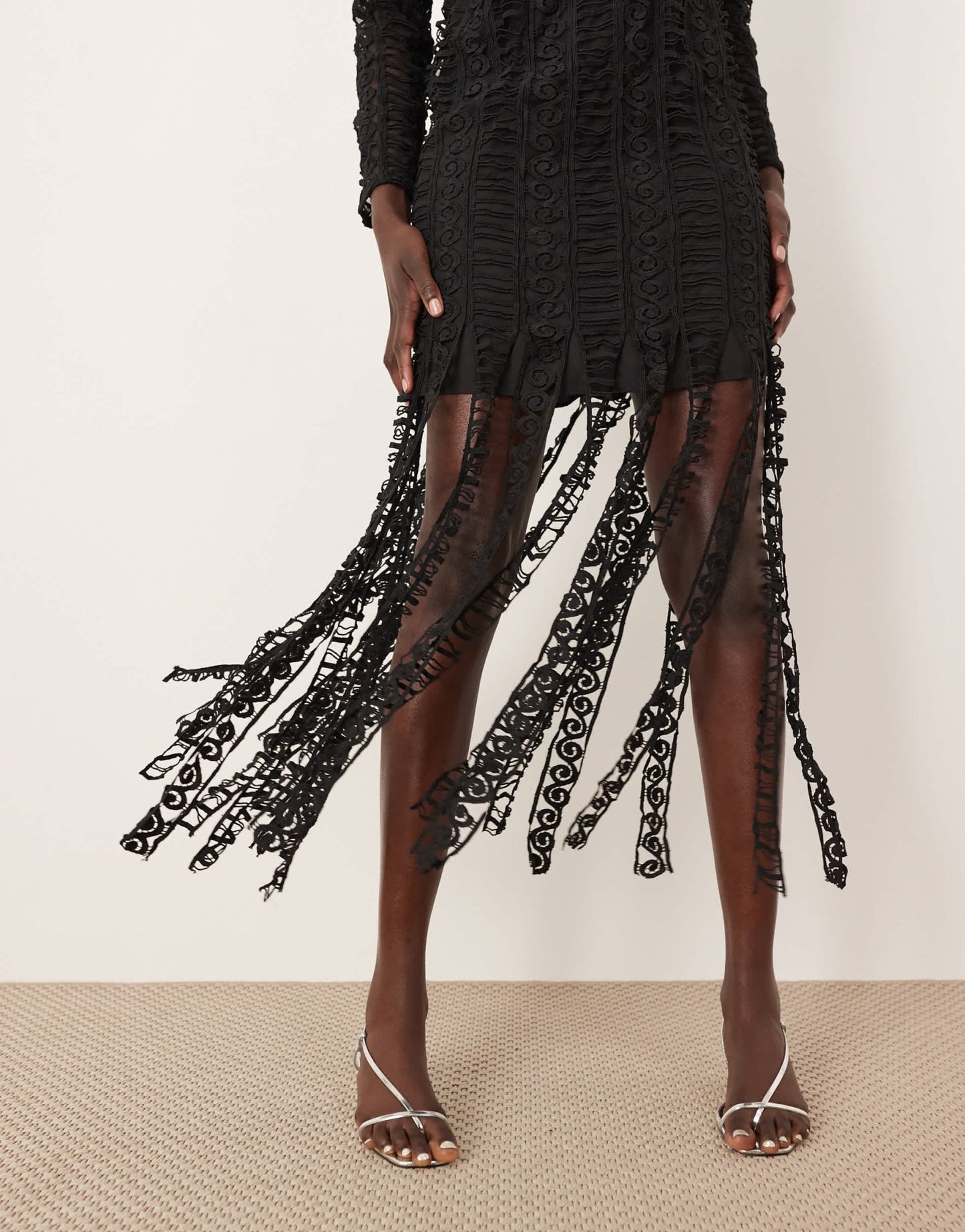 ARRANGE embroidered lace long sleeve midi dress with fringe hem in black - ASOS Sample Sale