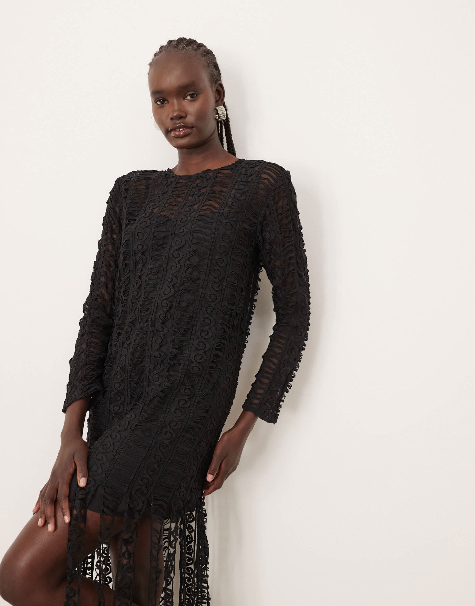 ARRANGE embroidered lace long sleeve midi dress with fringe hem in bla – ASOS Sample Sale
