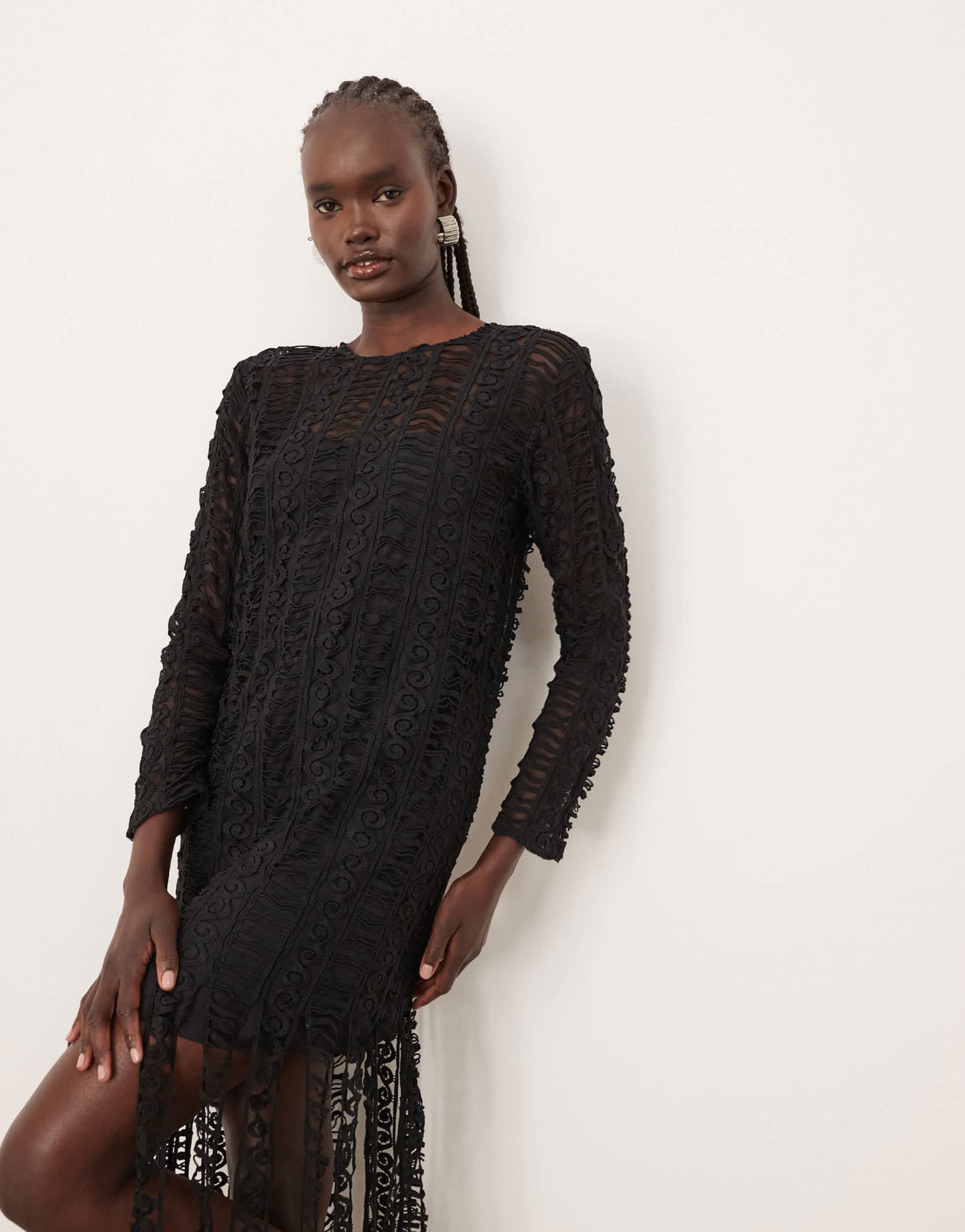 ARRANGE embroidered lace long sleeve midi dress with fringe hem in black - ASOS Sample Sale