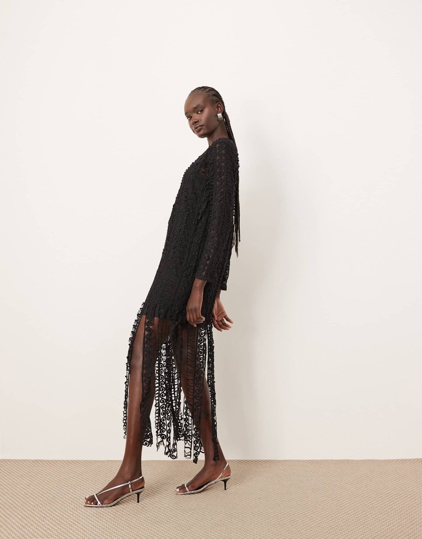 ARRANGE embroidered lace long sleeve midi dress with fringe hem in black - ASOS Sample Sale