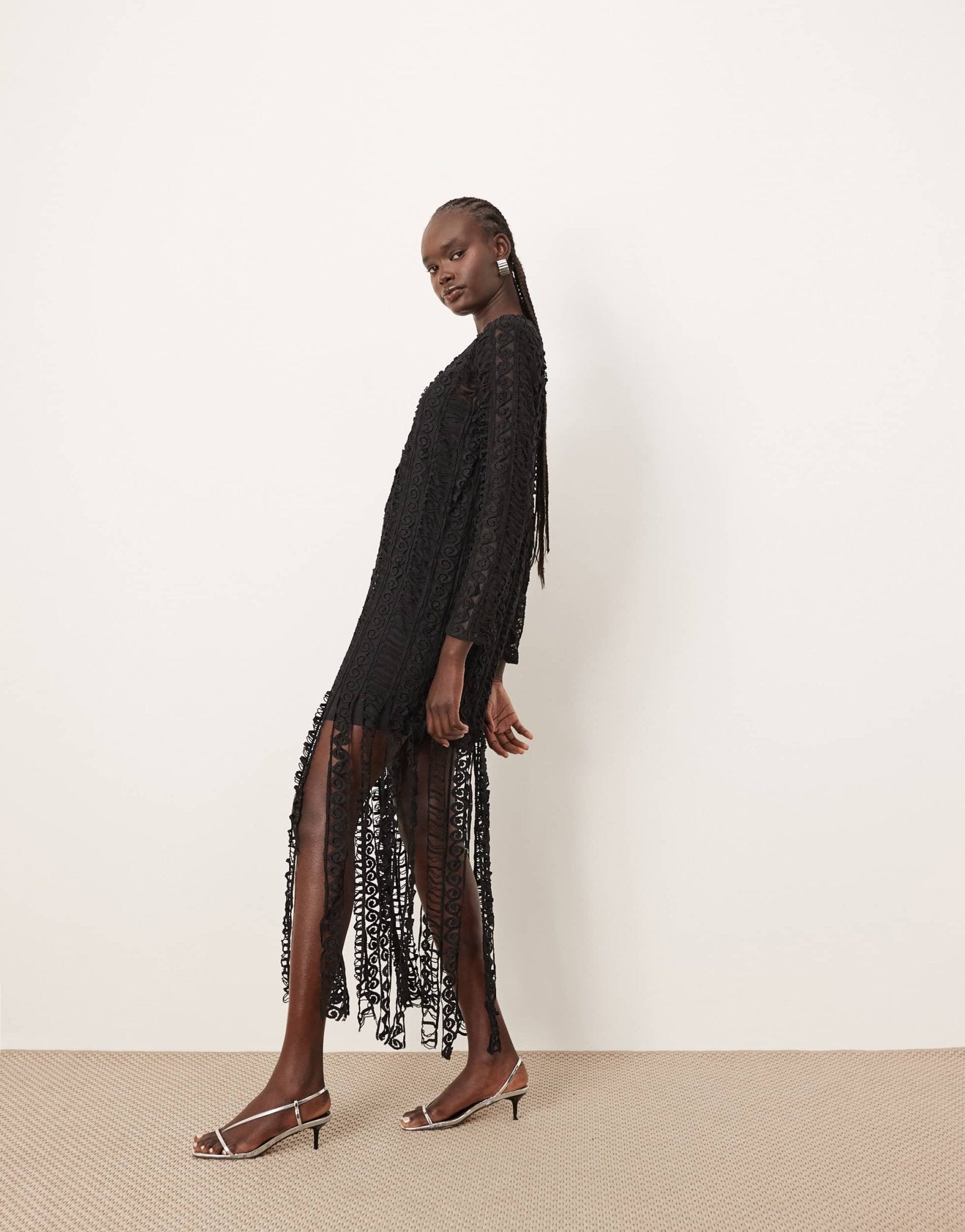 ARRANGE embroidered lace long sleeve midi dress with fringe hem in black - ASOS Sample Sale