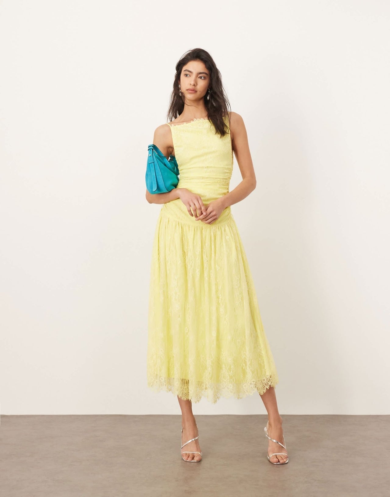 ARRANGE lace ruched dropped waist midi dress in lemon - ASOS Sample Sale