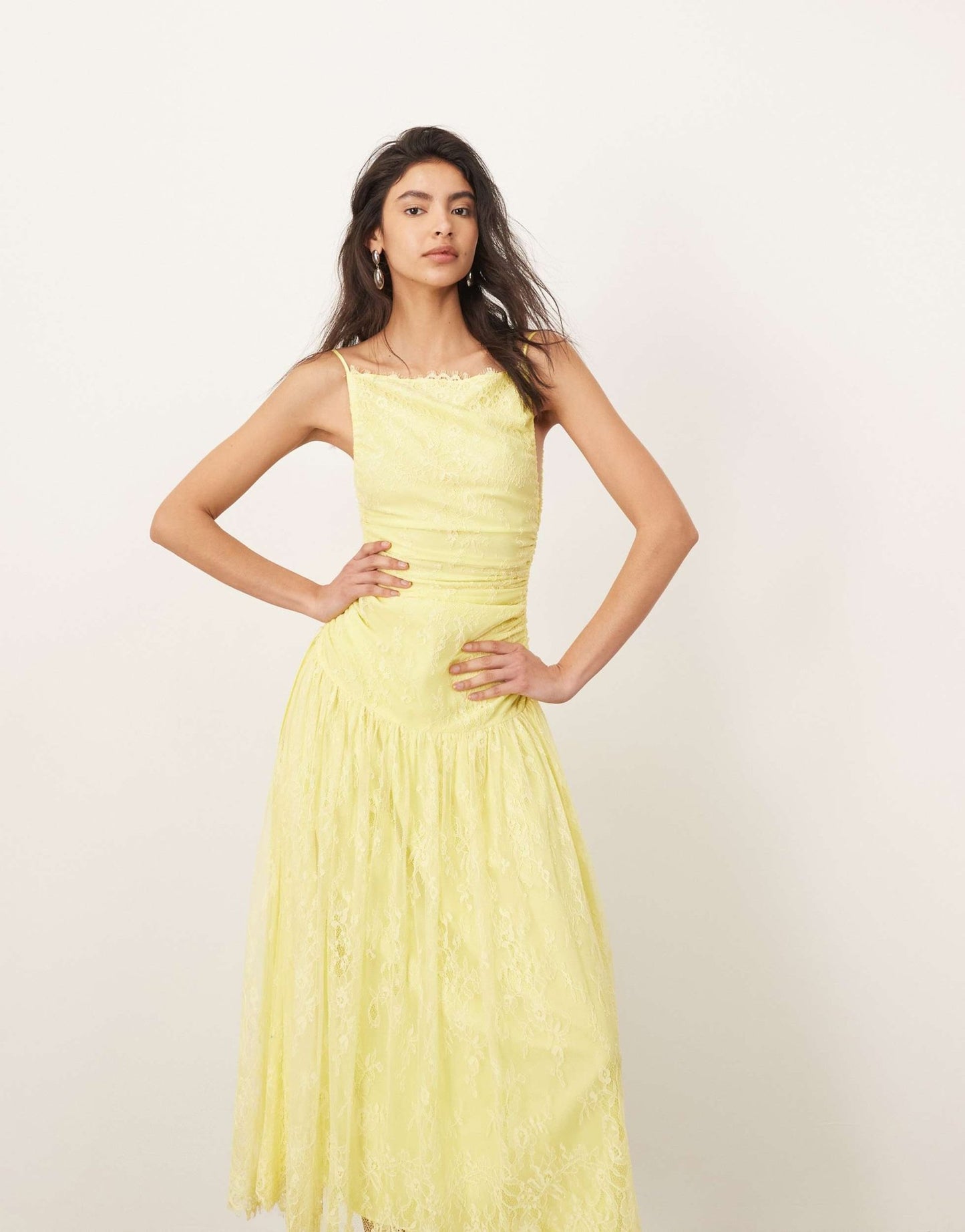ARRANGE lace ruched dropped waist midi dress in lemon - ASOS Sample Sale