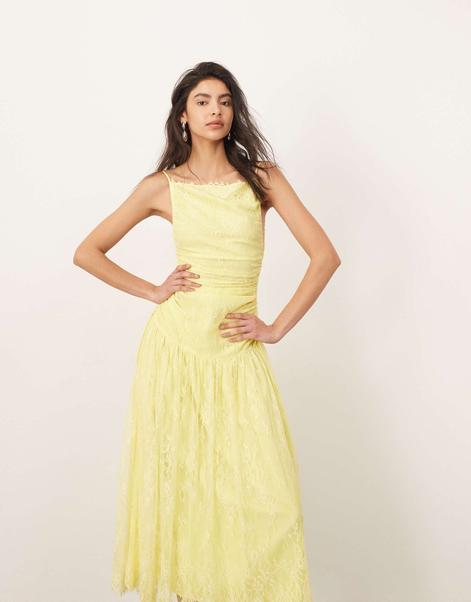 ARRANGE lace ruched dropped waist midi dress in lemon - ASOS Sample Sale