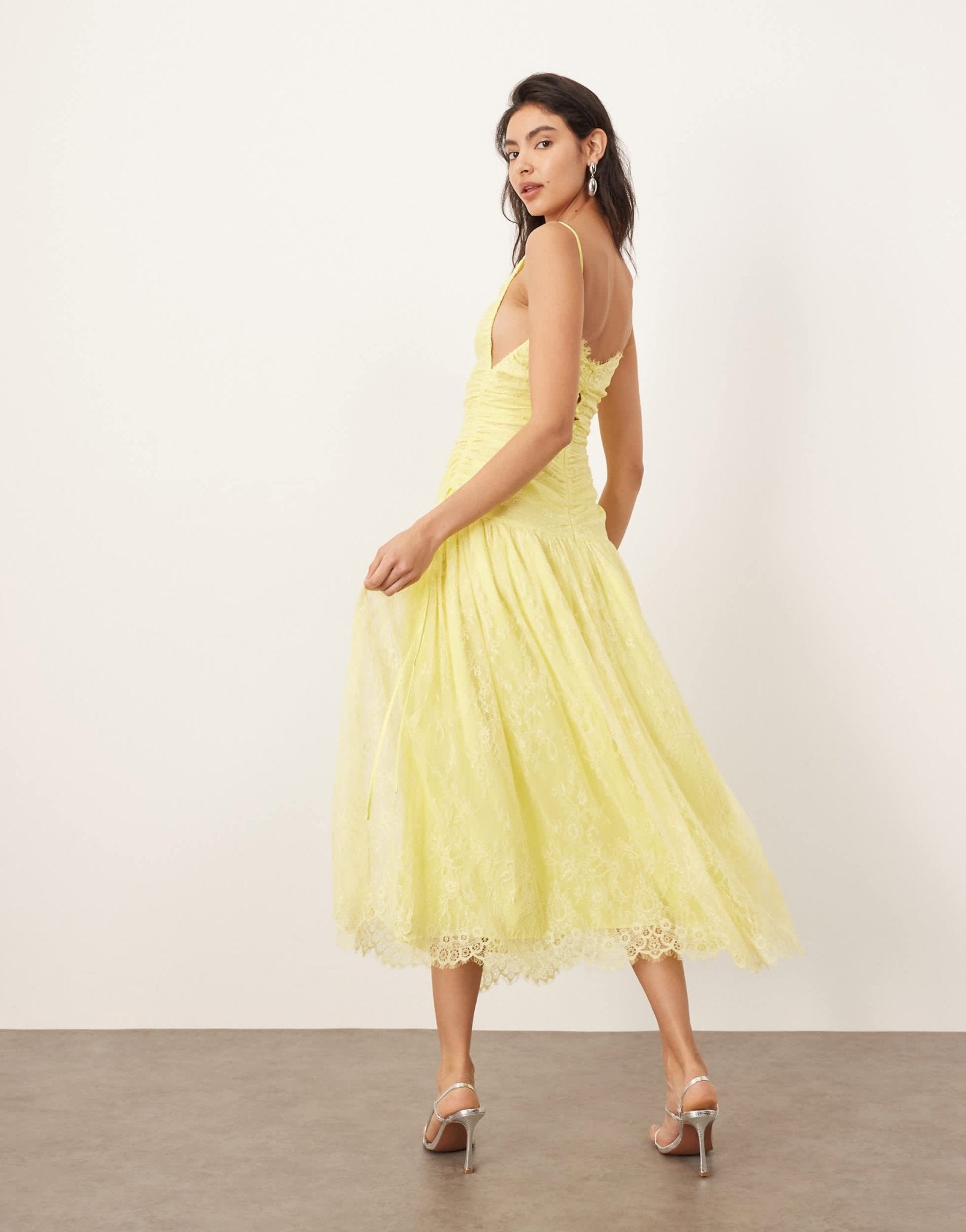 ARRANGE lace ruched dropped waist midi dress in lemon - ASOS Sample Sale