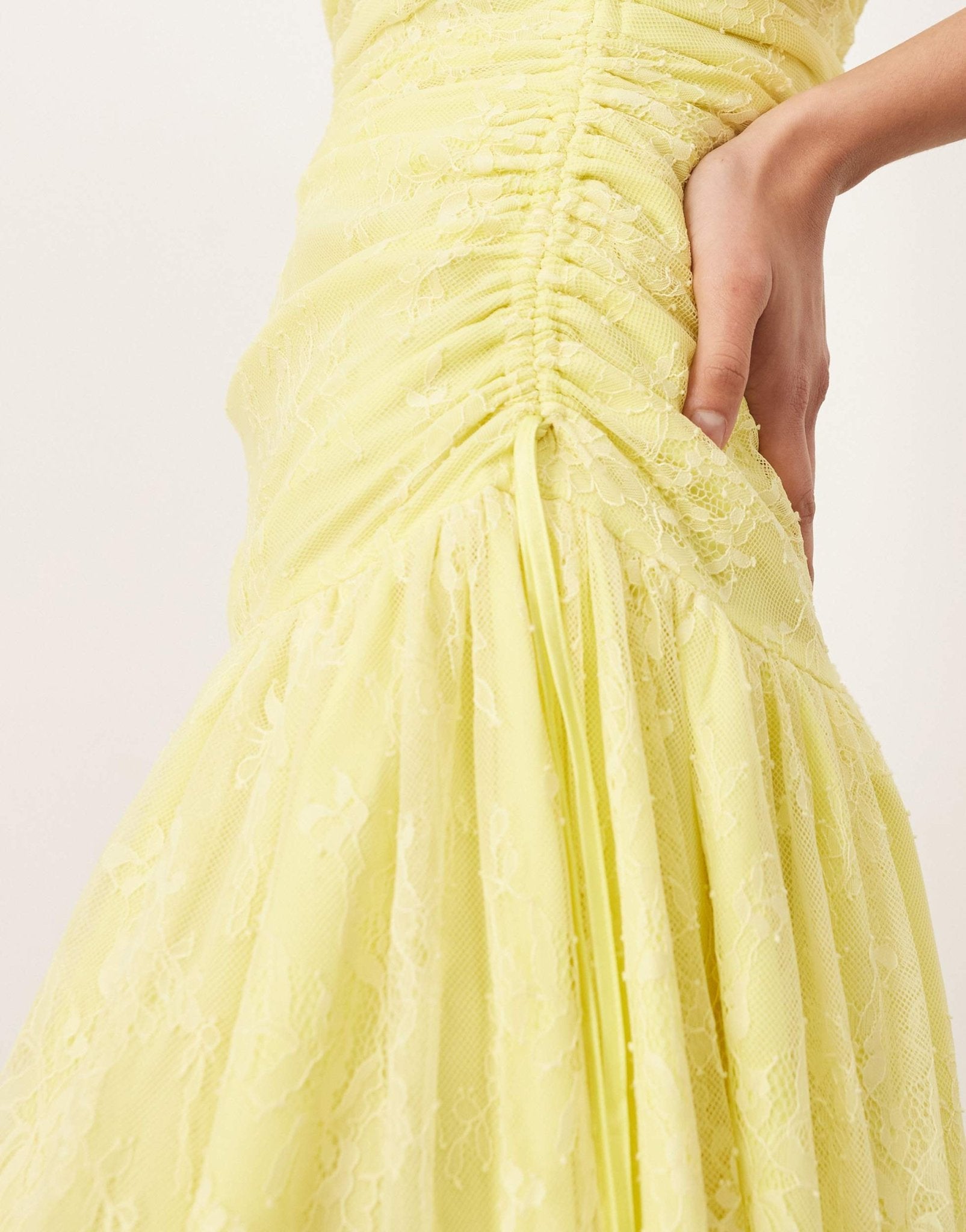 ARRANGE lace ruched dropped waist midi dress in lemon - ASOS Sample Sale