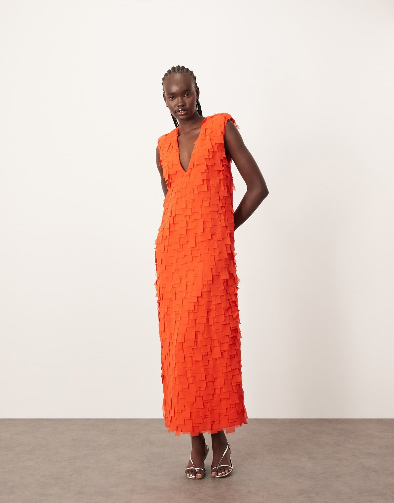 ARRANGE laser cut plunge neckline shoulder pad maxi dress with pockets in red - ASOS Sample Sale