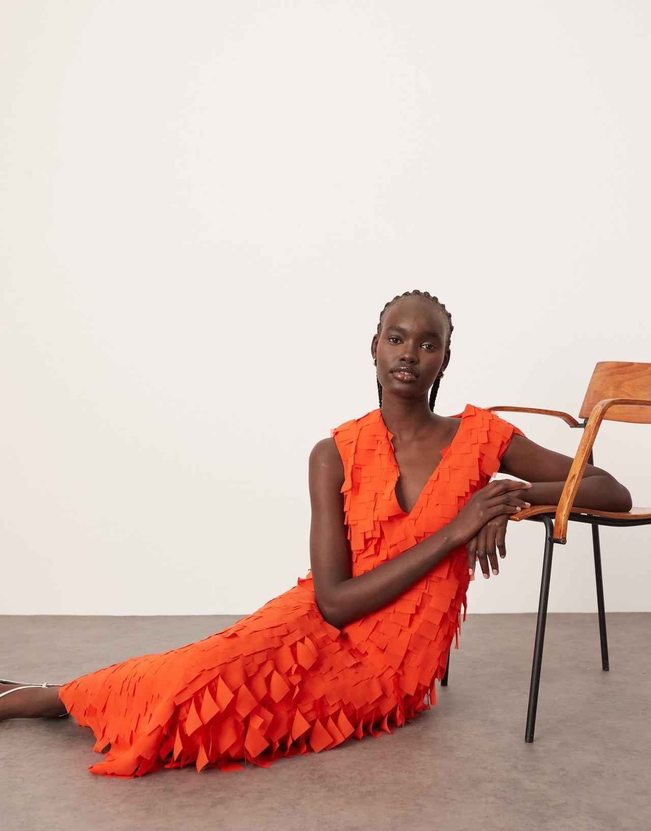 ARRANGE laser cut plunge neckline shoulder pad maxi dress with pockets in red - ASOS Sample Sale