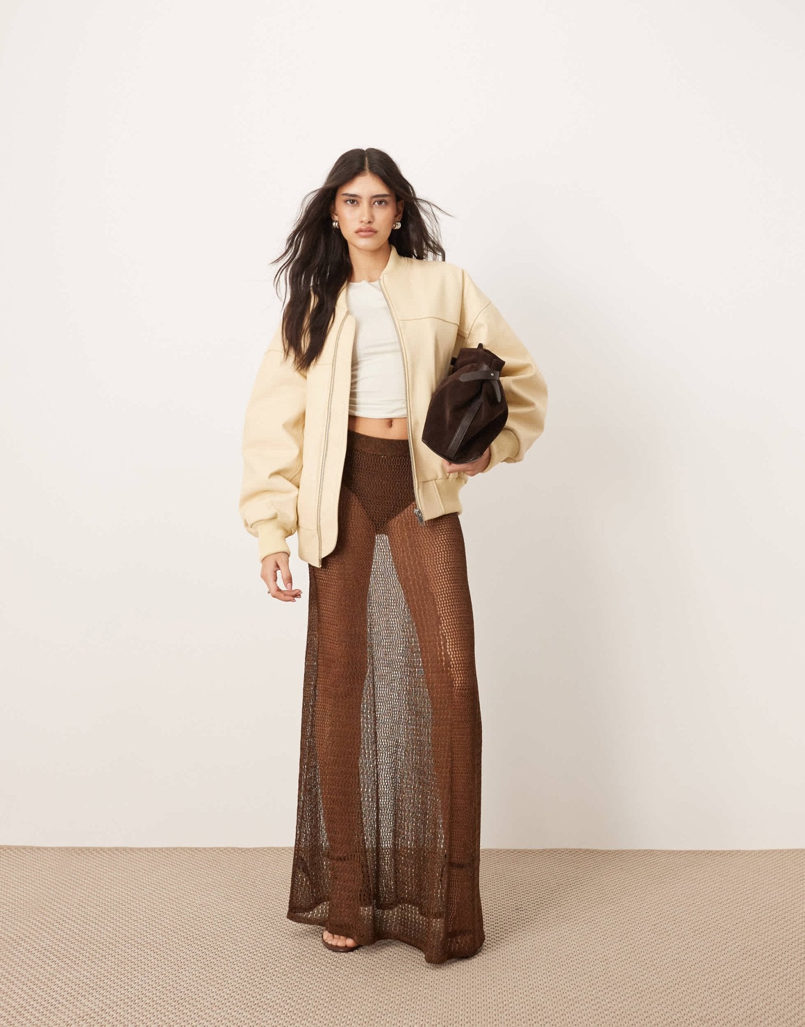 ARRANGE metallic knitted sheer sweeping maxi skirt in chocolate - ASOS Sample Sale