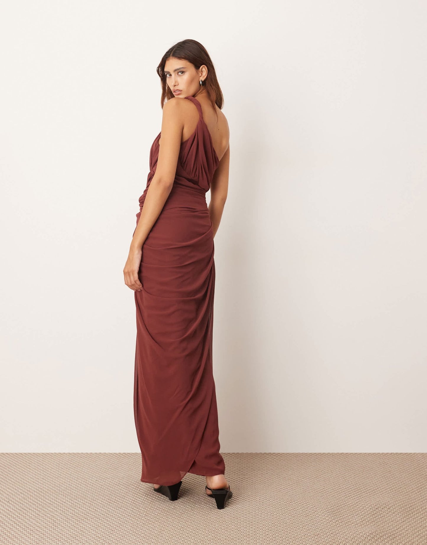 ARRANGE one shoulder draped twist detail maxi dress with metal trim detail in chocolate - ASOS Sample Sale