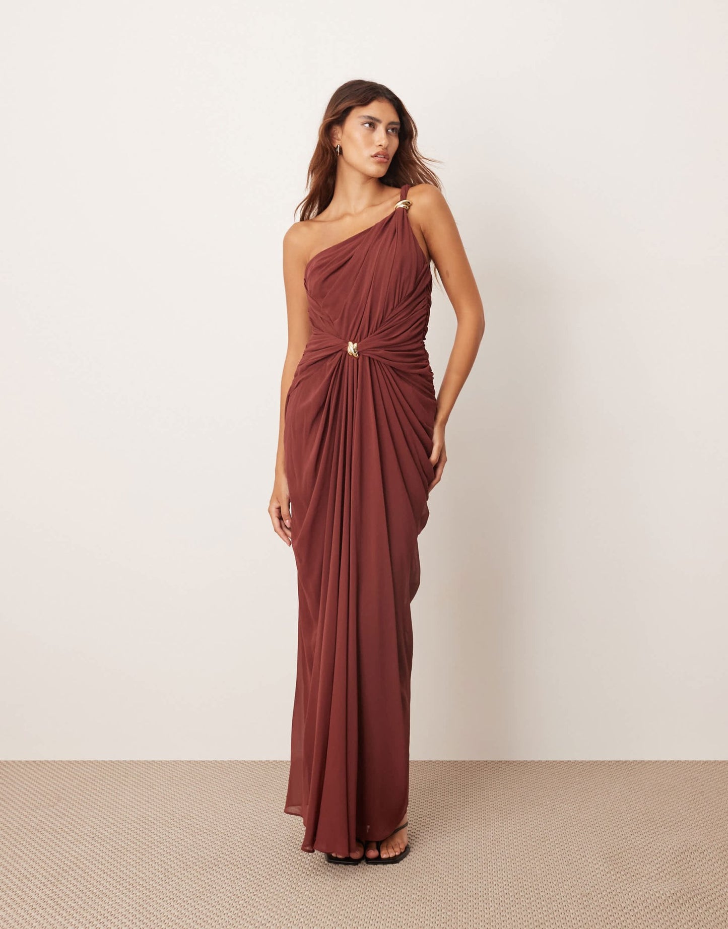 ARRANGE one shoulder draped twist detail maxi dress with metal trim detail in chocolate - ASOS Sample Sale