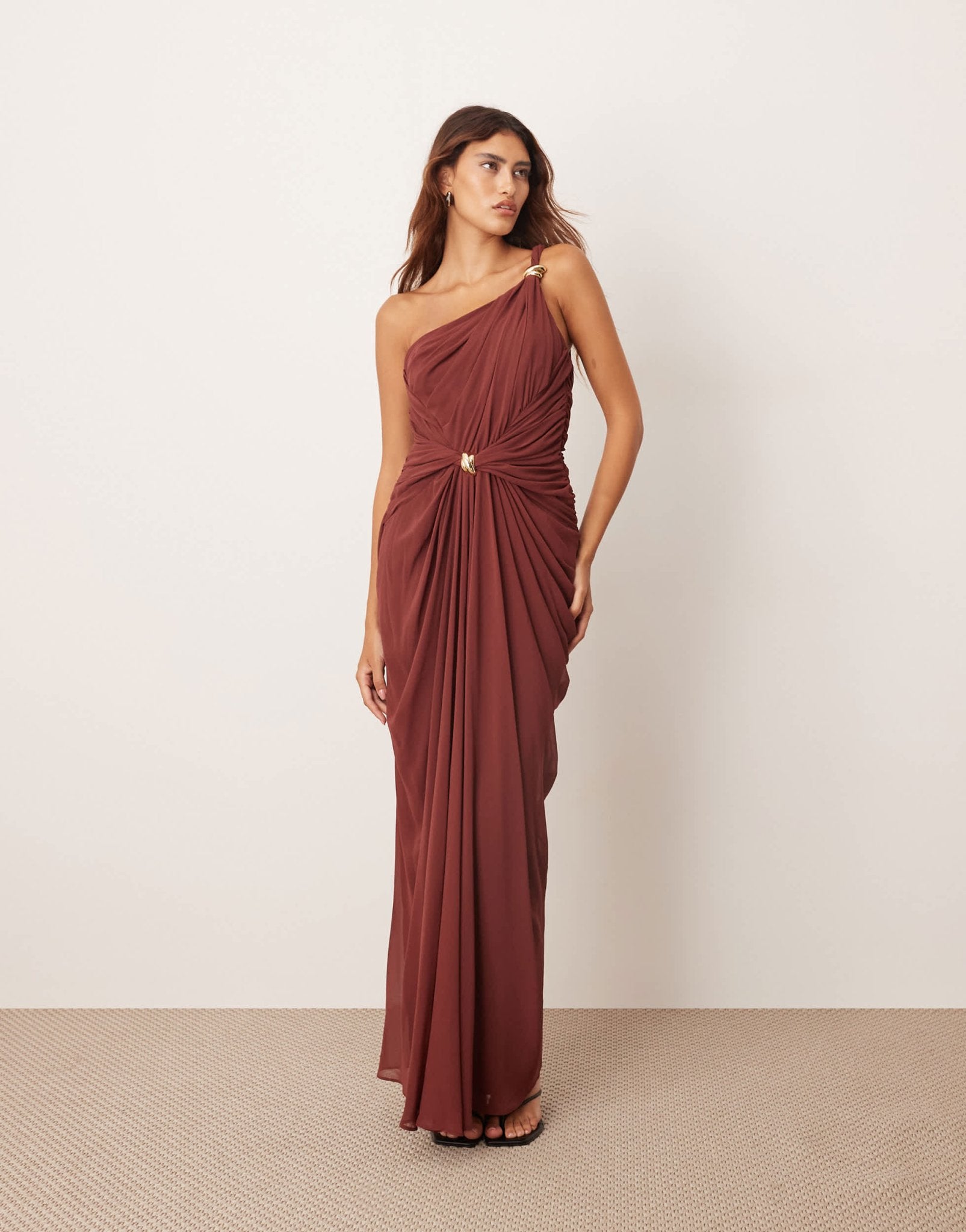 ARRANGE one shoulder draped twist detail maxi dress with metal trim detail in chocolate - ASOS Sample Sale