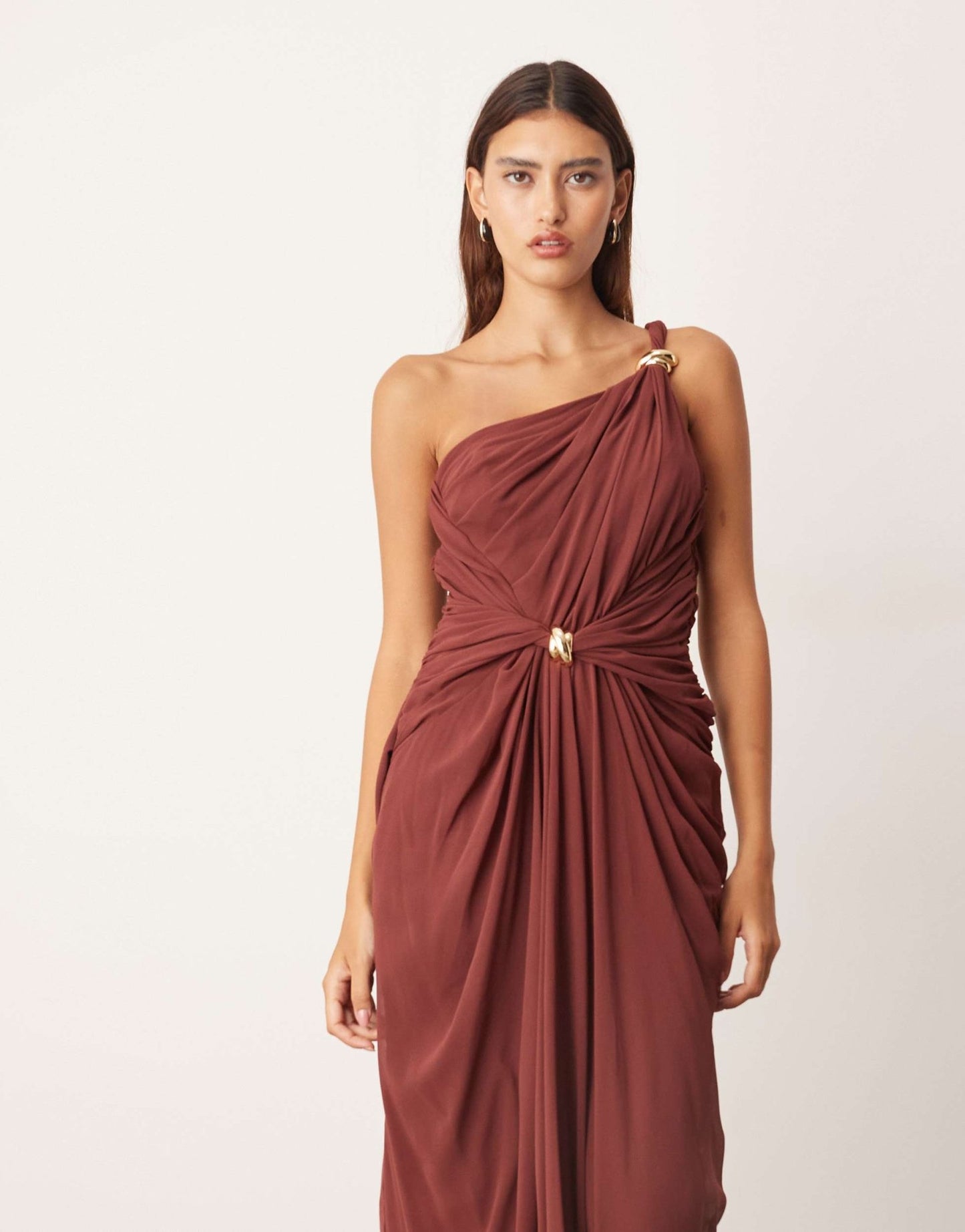 ARRANGE one shoulder draped twist detail maxi dress with metal trim detail in chocolate - ASOS Sample Sale