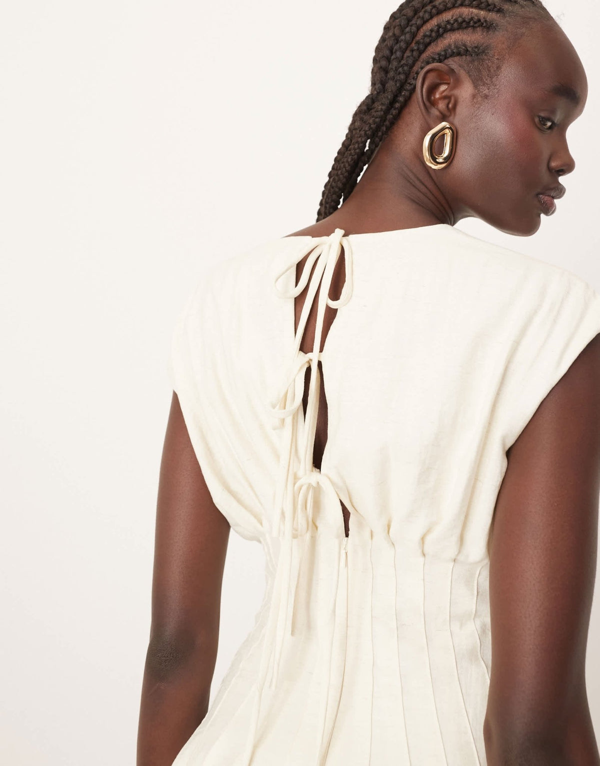 ARRANGE premium structured linen pleat waist midi dress with tie back detail in natural - ASOS Sample Sale