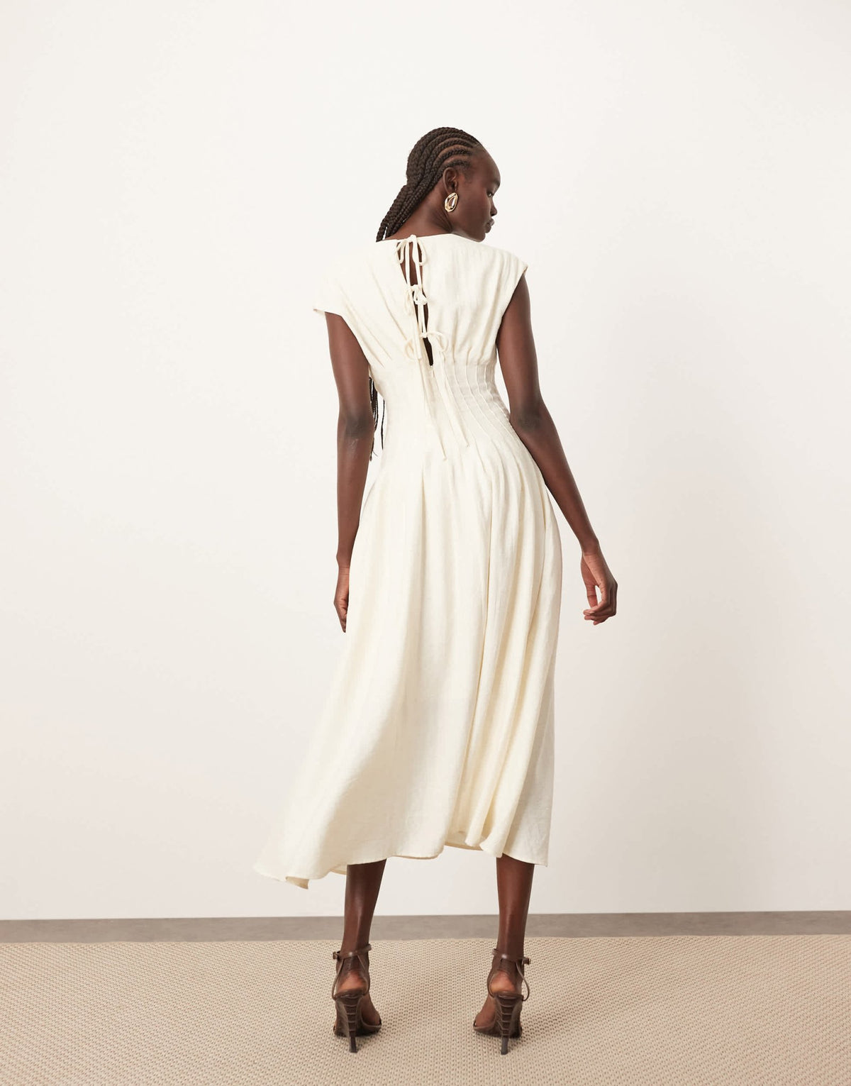ARRANGE premium structured linen pleat waist midi dress with tie back detail in natural - ASOS Sample Sale