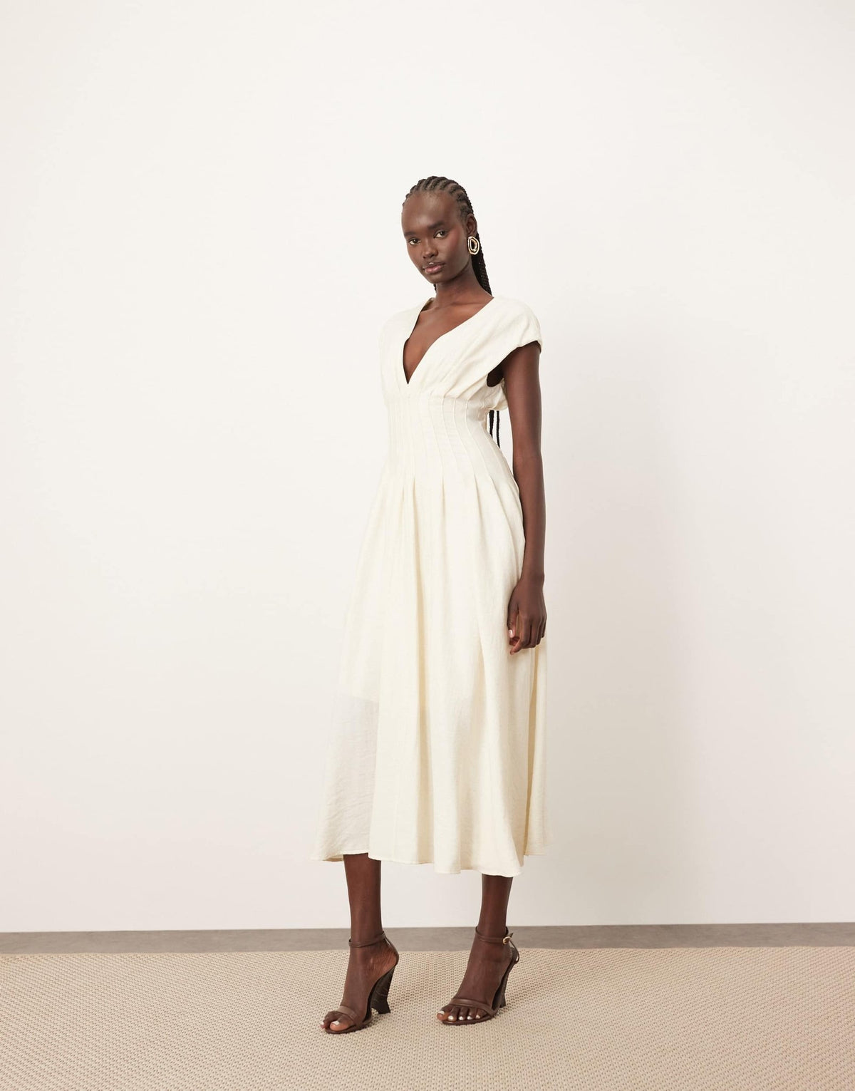 ARRANGE premium structured linen pleat waist midi dress with tie back detail in natural - ASOS Sample Sale