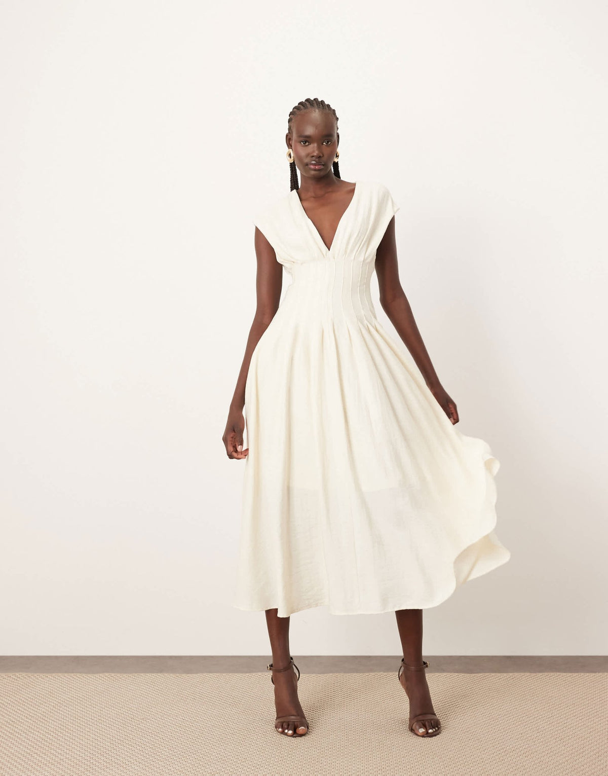 ARRANGE premium structured linen pleat waist midi dress with tie back detail in natural - ASOS Sample Sale