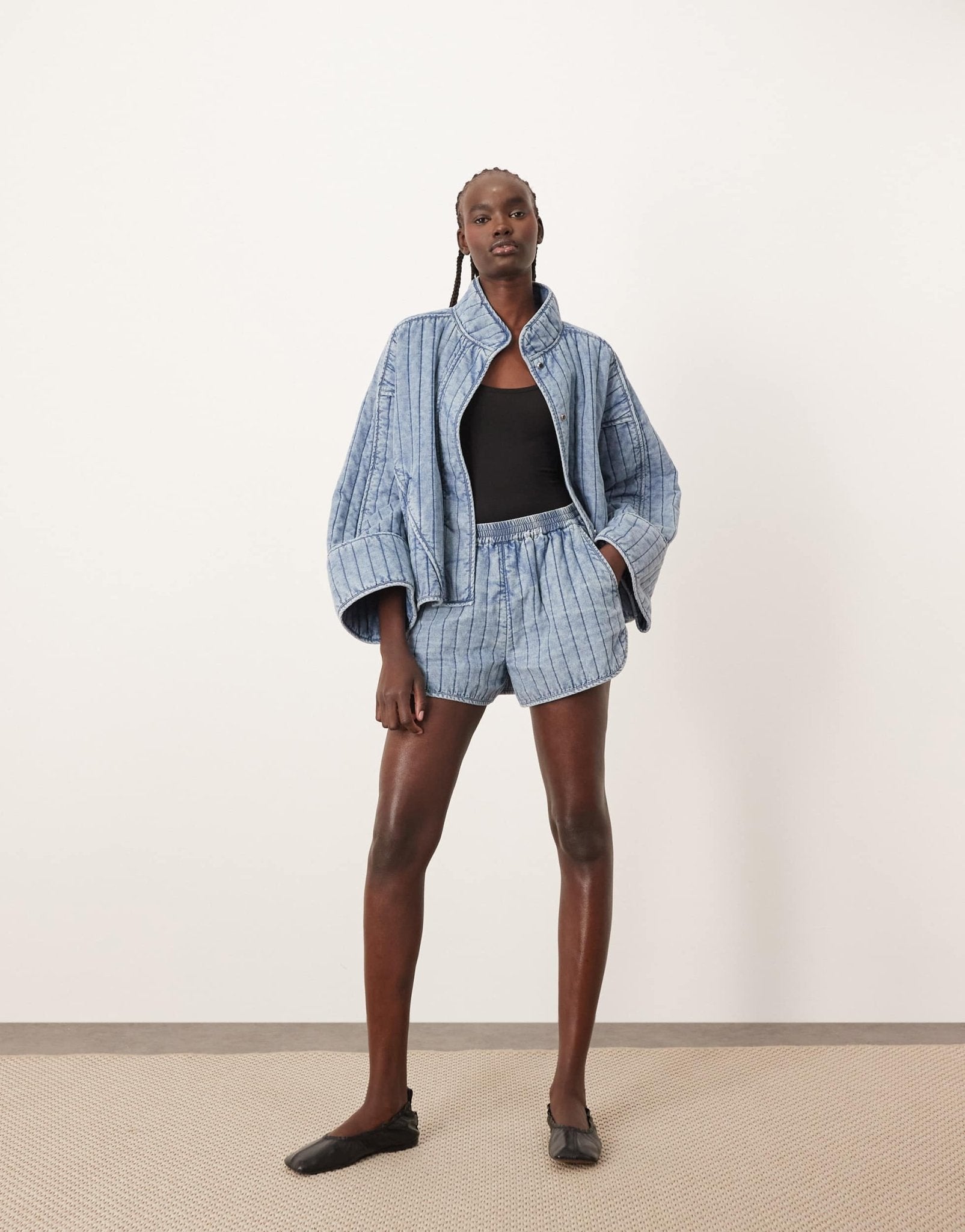 ARRANGE quilted distressed - look casual short co - ord with pockets in washed blue - ASOS Sample Sale