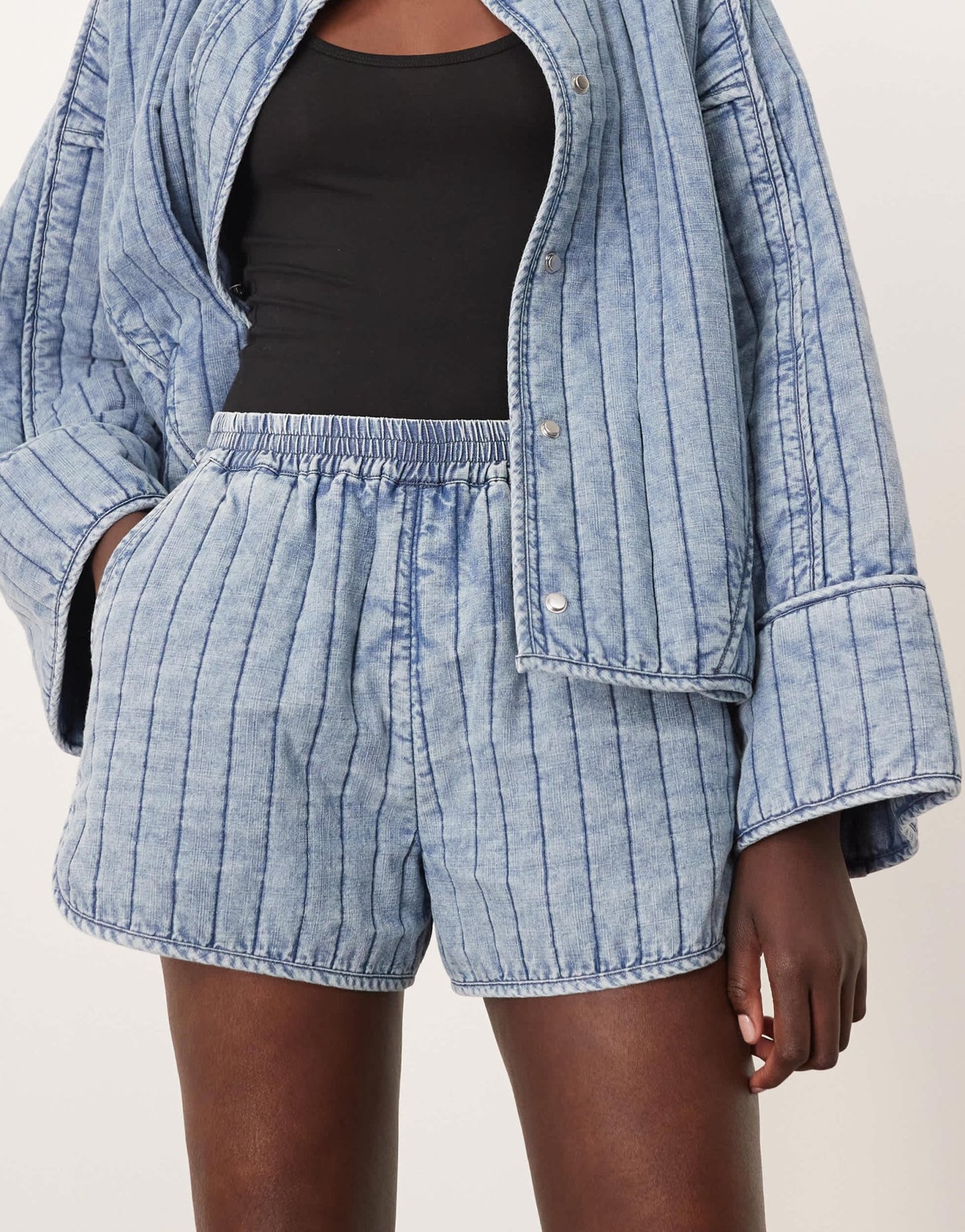 ARRANGE quilted distressed - look casual short co - ord with pockets in washed blue - ASOS Sample Sale