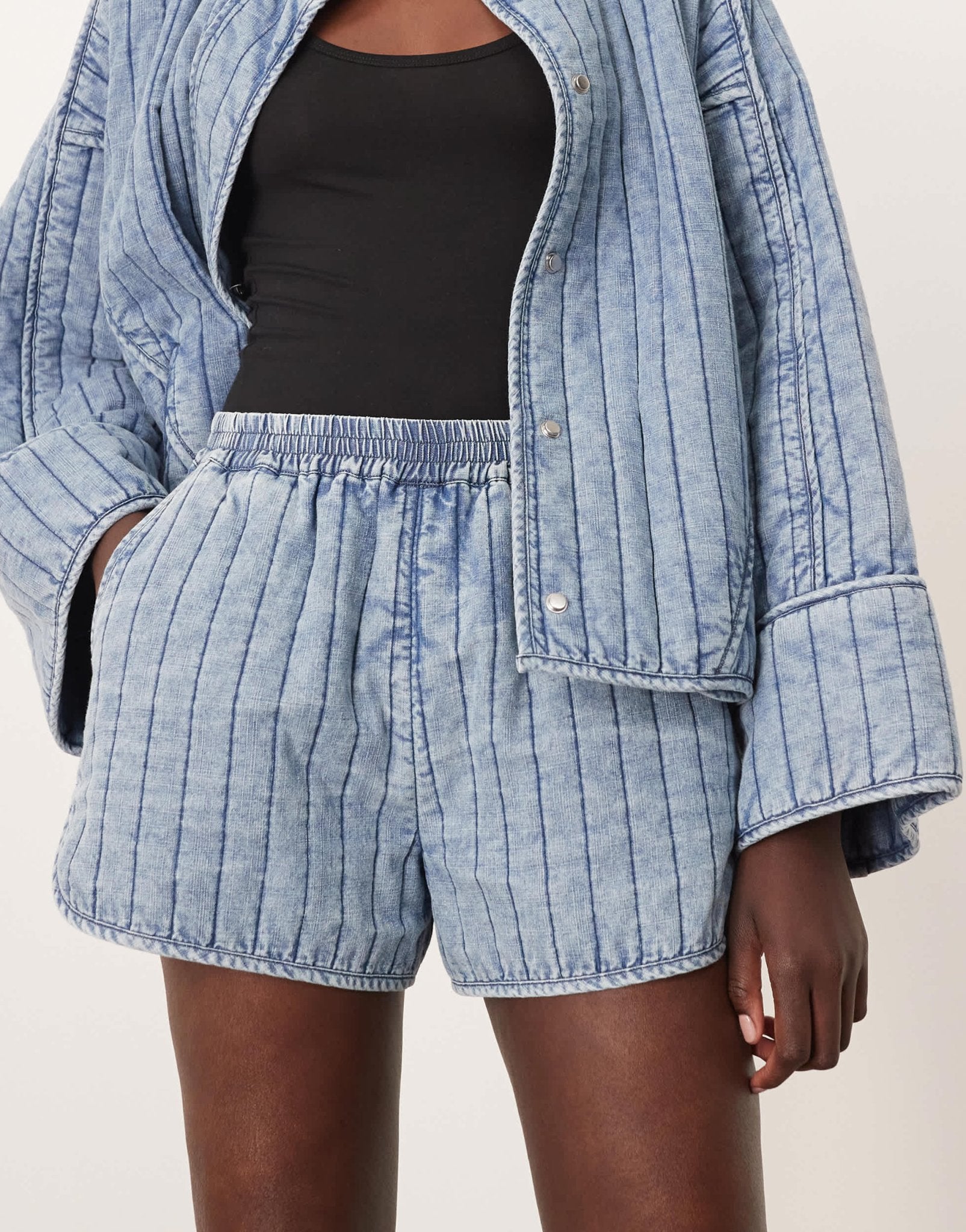 ARRANGE quilted distressed - look casual short co - ord with pockets in washed blue - ASOS Sample Sale