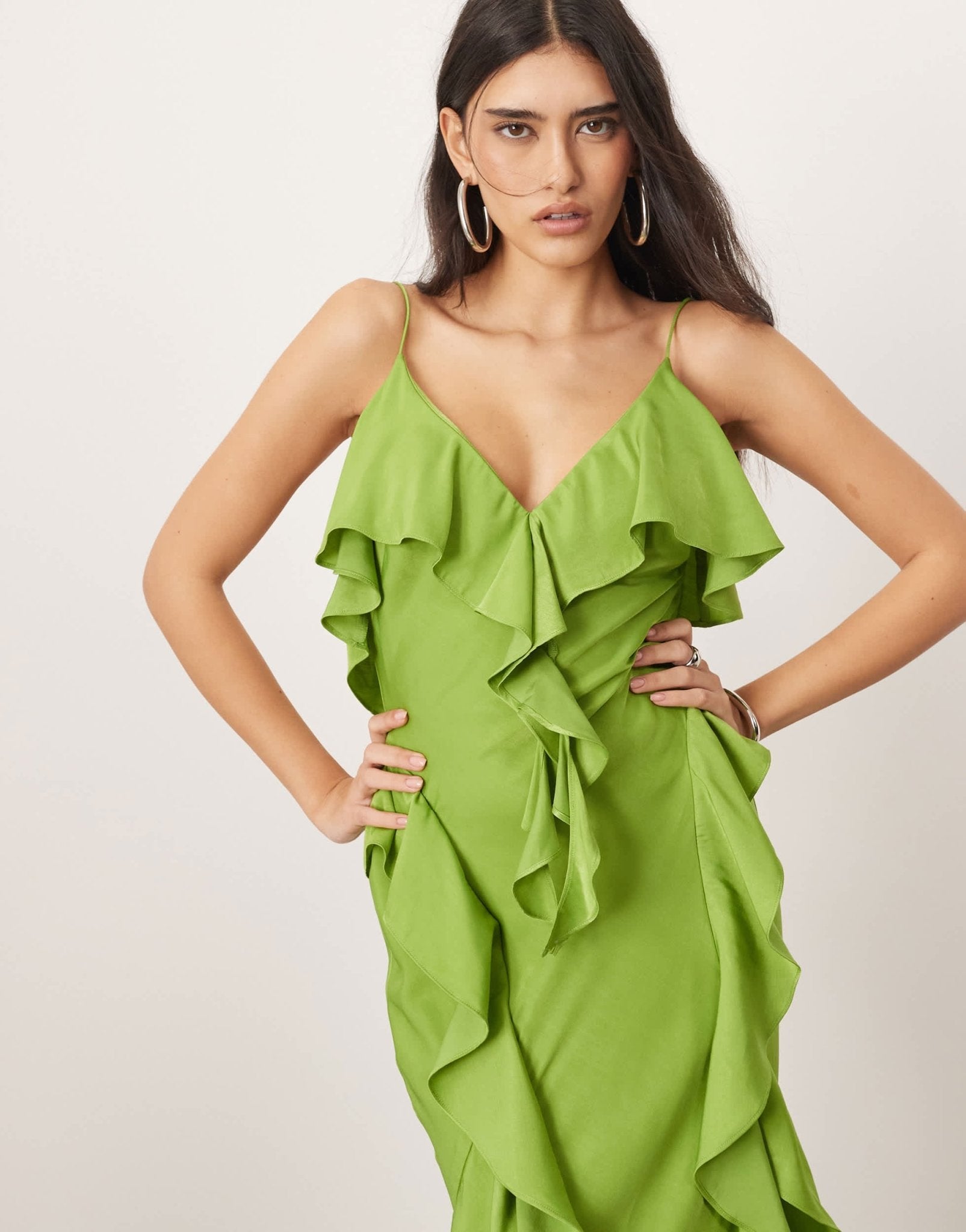ARRANGE ruffle maxi slip dress with bias skirt in green - ASOS Sample Sale