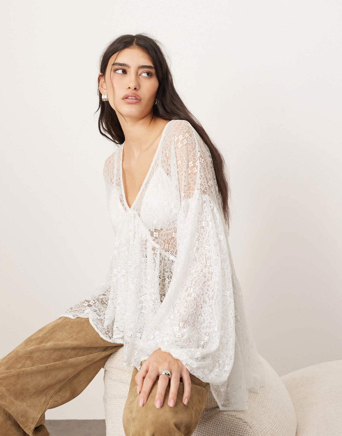 ARRANGE sheer delicate lace volume blouse in light blue - ASOS Sample Sale