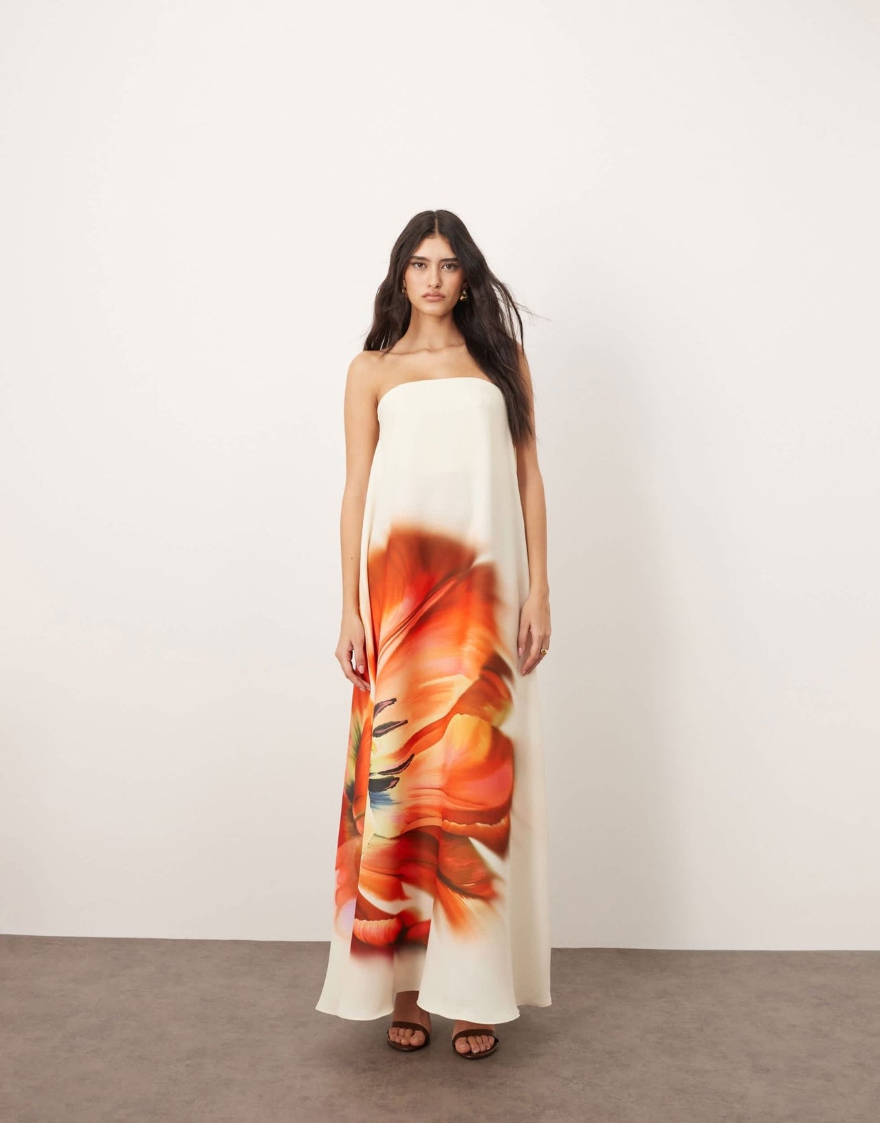 ARRANGE structured bandeau column maxi dress with internal corset in overblown floral print - ASOS Sample Sale