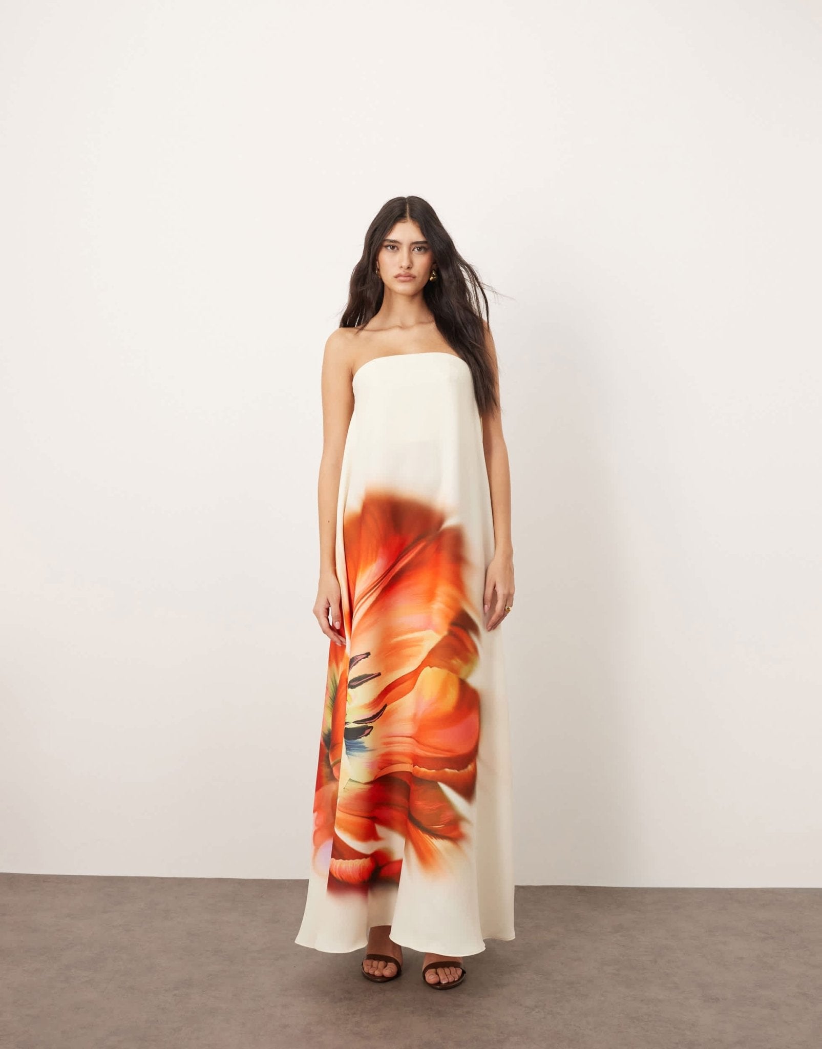 ARRANGE structured bandeau column maxi dress with internal corset in overblown floral print - ASOS Sample Sale