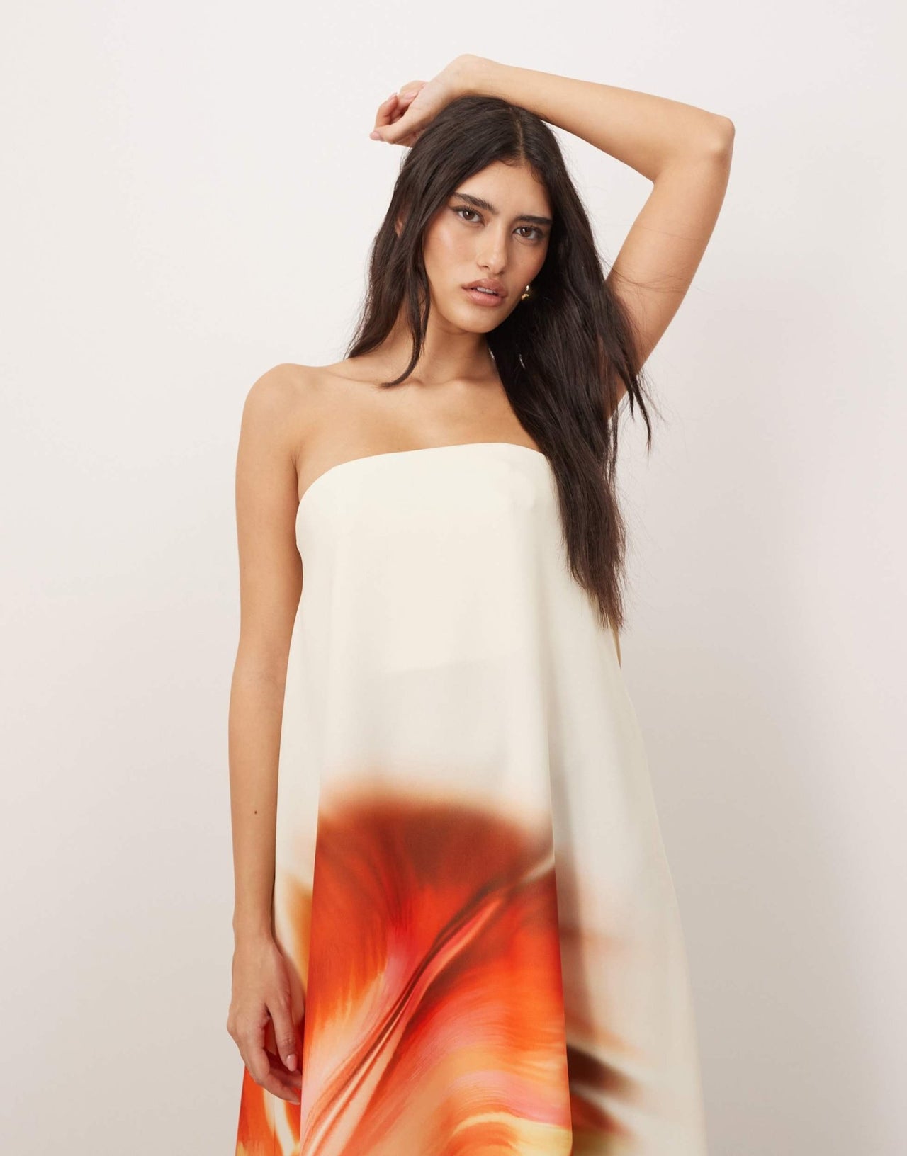 ARRANGE structured bandeau column maxi dress with internal corset in overblown floral print - ASOS Sample Sale
