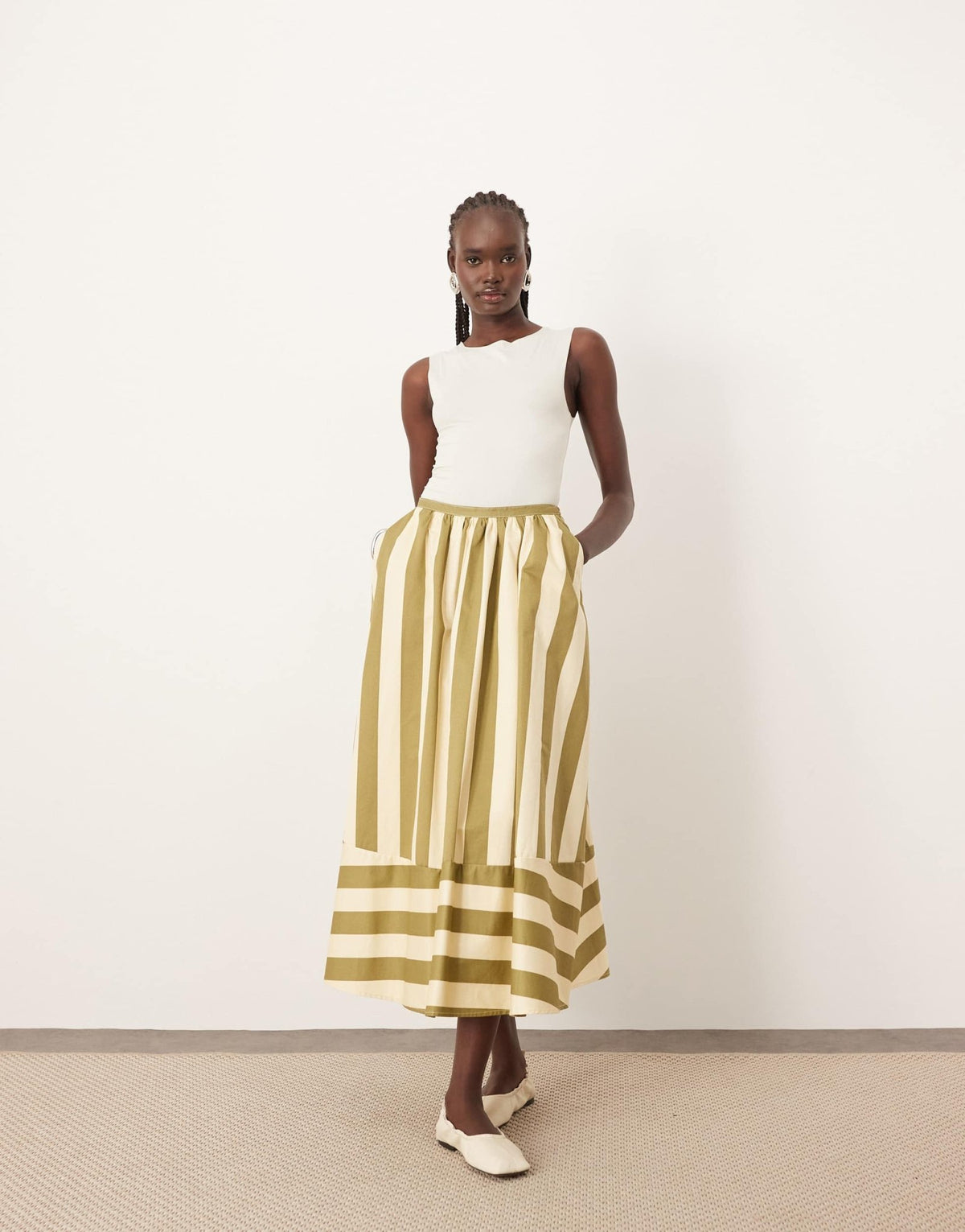 ARRANGE structured full skirt in olive stripe - ASOS Sample Sale