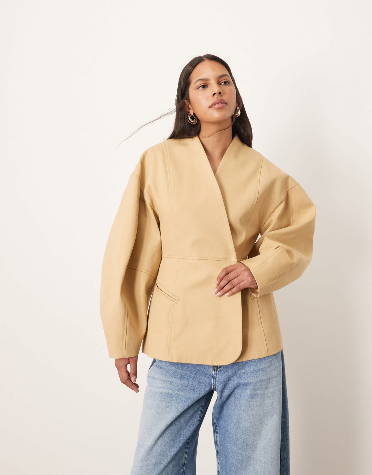 ARRANGE twill jacket with ovoid sleeve and cinched waist in camel - ASOS Sample Sale