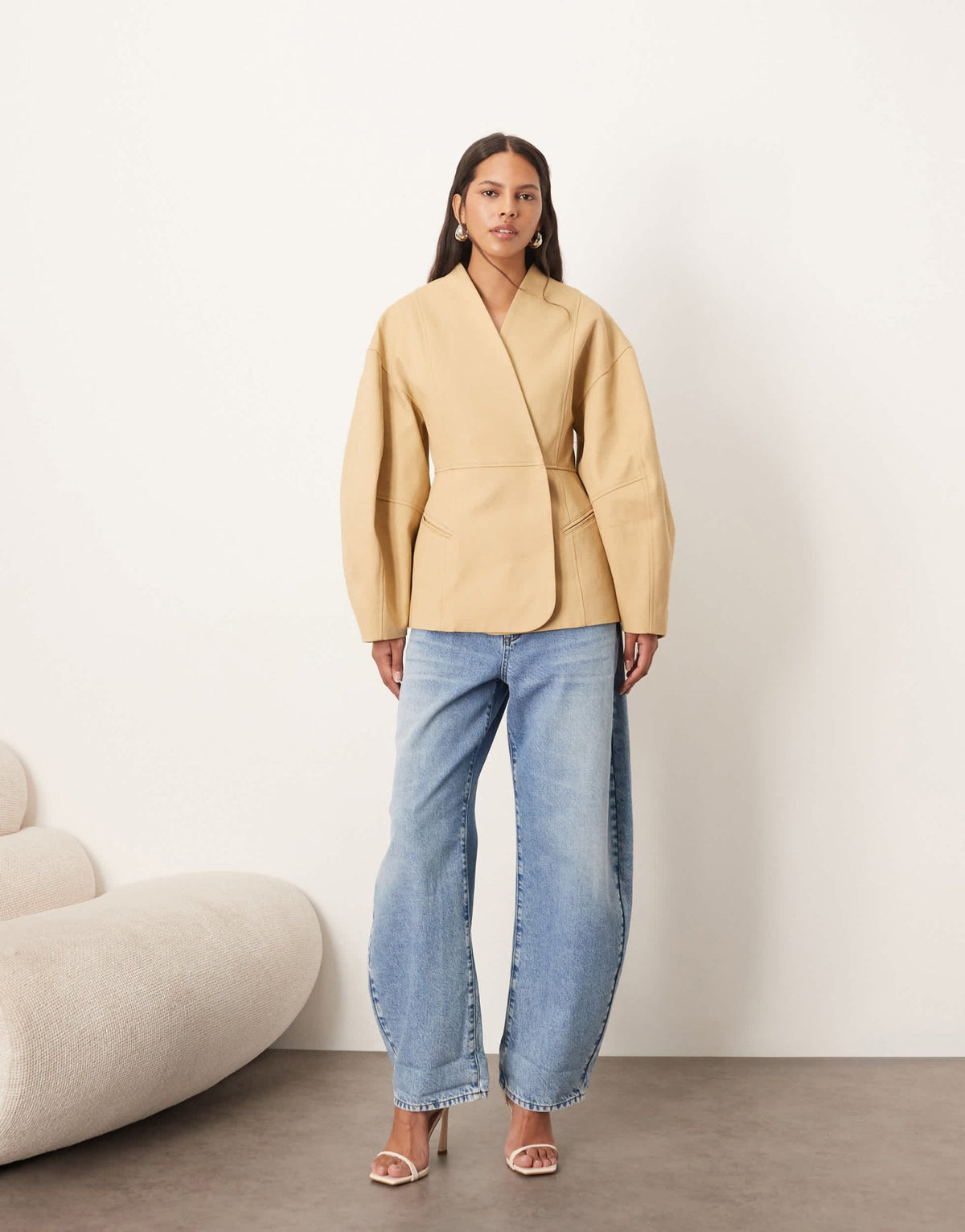 ARRANGE twill jacket with ovoid sleeve and cinched waist in camel - ASOS Sample Sale
