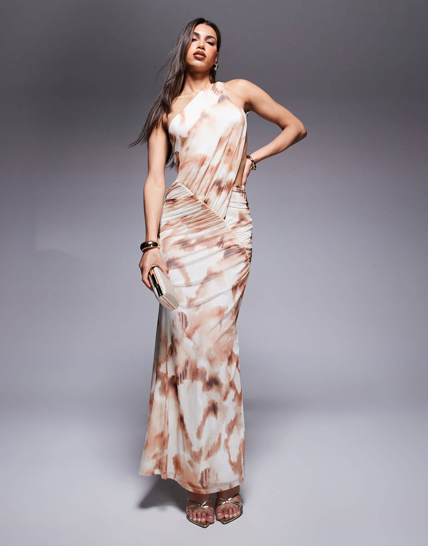ASOD DESIGN one shoulder with ruching detail maxi dress in print - ASOS Sample Sale