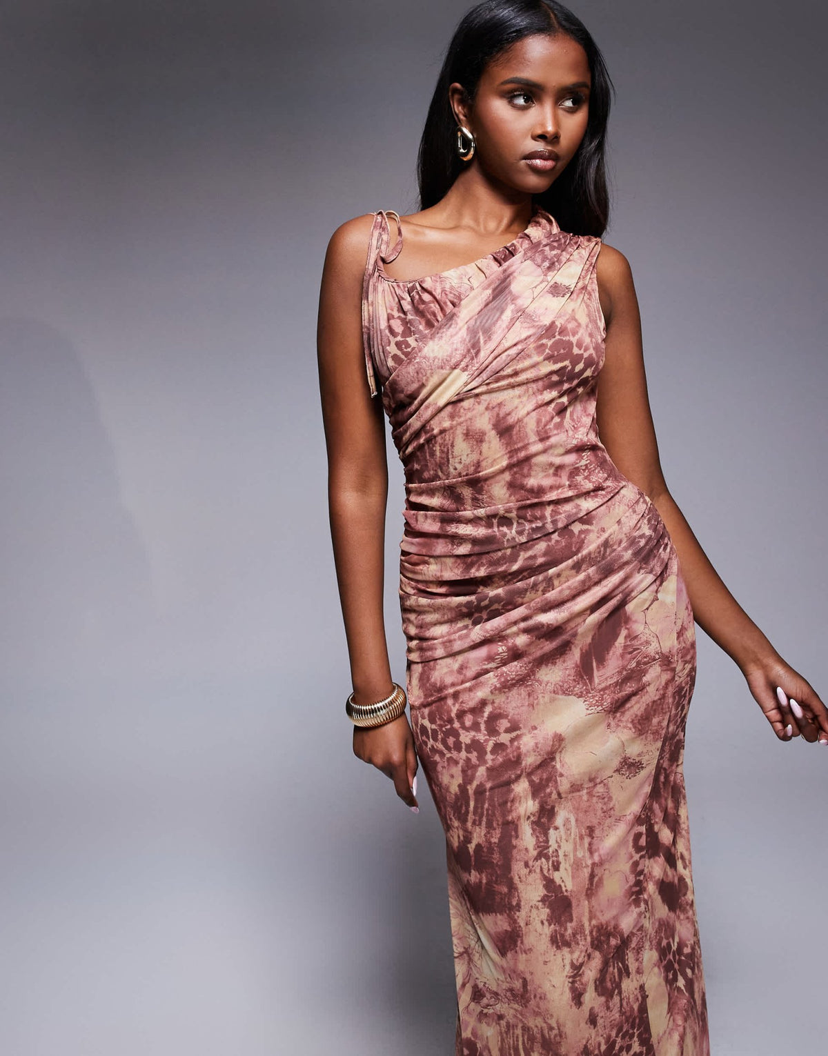 ASOS DEISGN printed mesh one shoulder draped maxi dress in animal floral mix print - ASOS Sample Sale