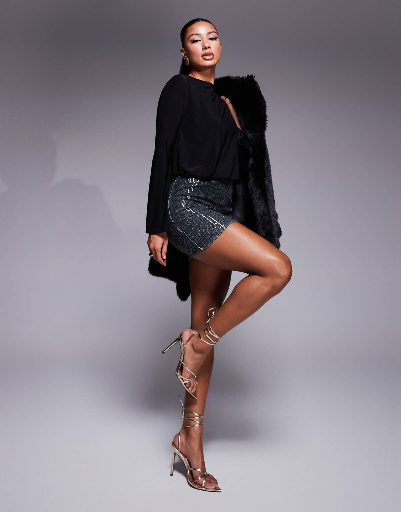 ASOS DESIGN 2 in 1 angel sleeve top with cowl back & sequin mini skirt in black - ASOS Sample Sale