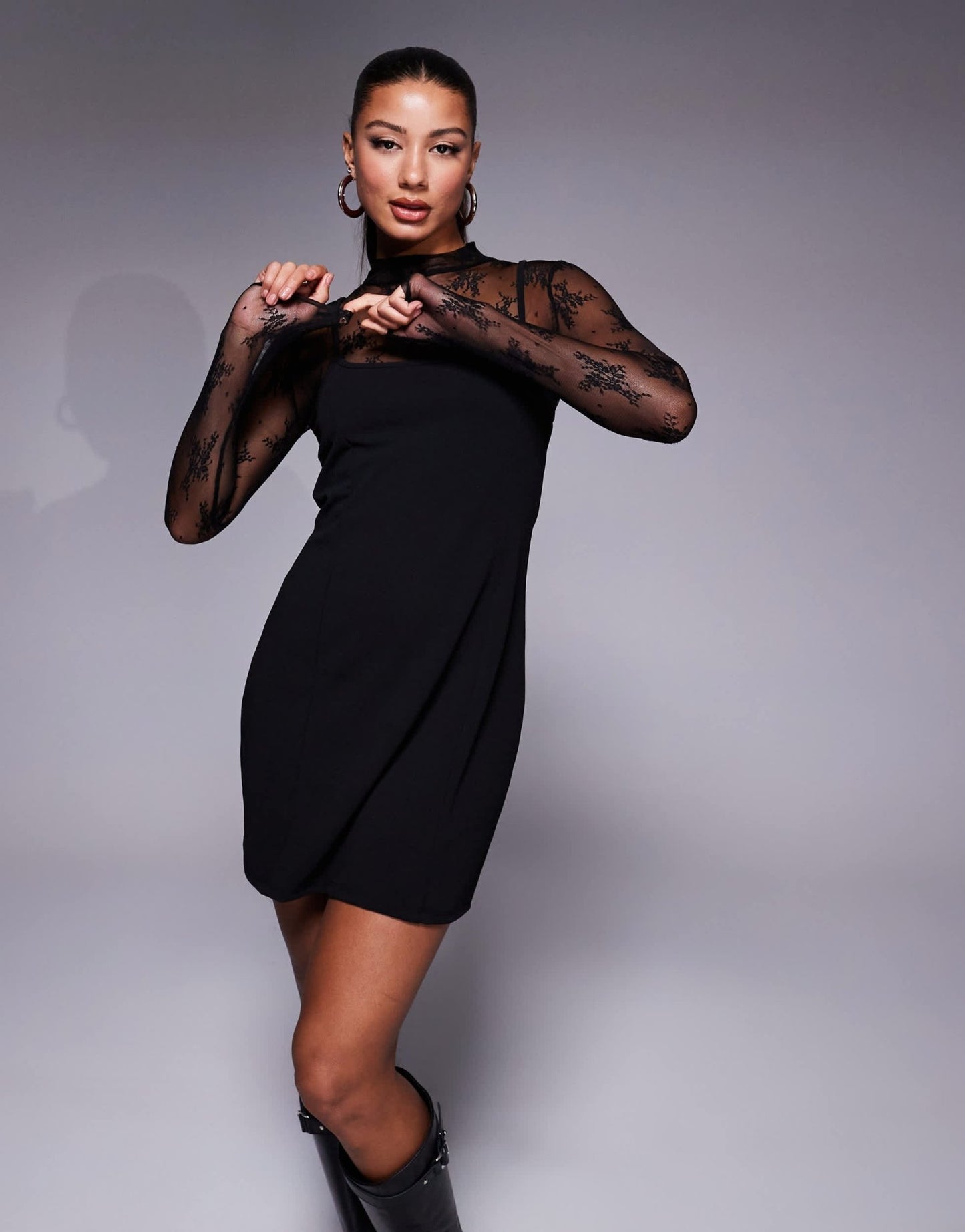 ASOS DESIGN 2 in 1 Lace layered slip mini dress in black in scuba - style fabric - ASOS Sample Sale