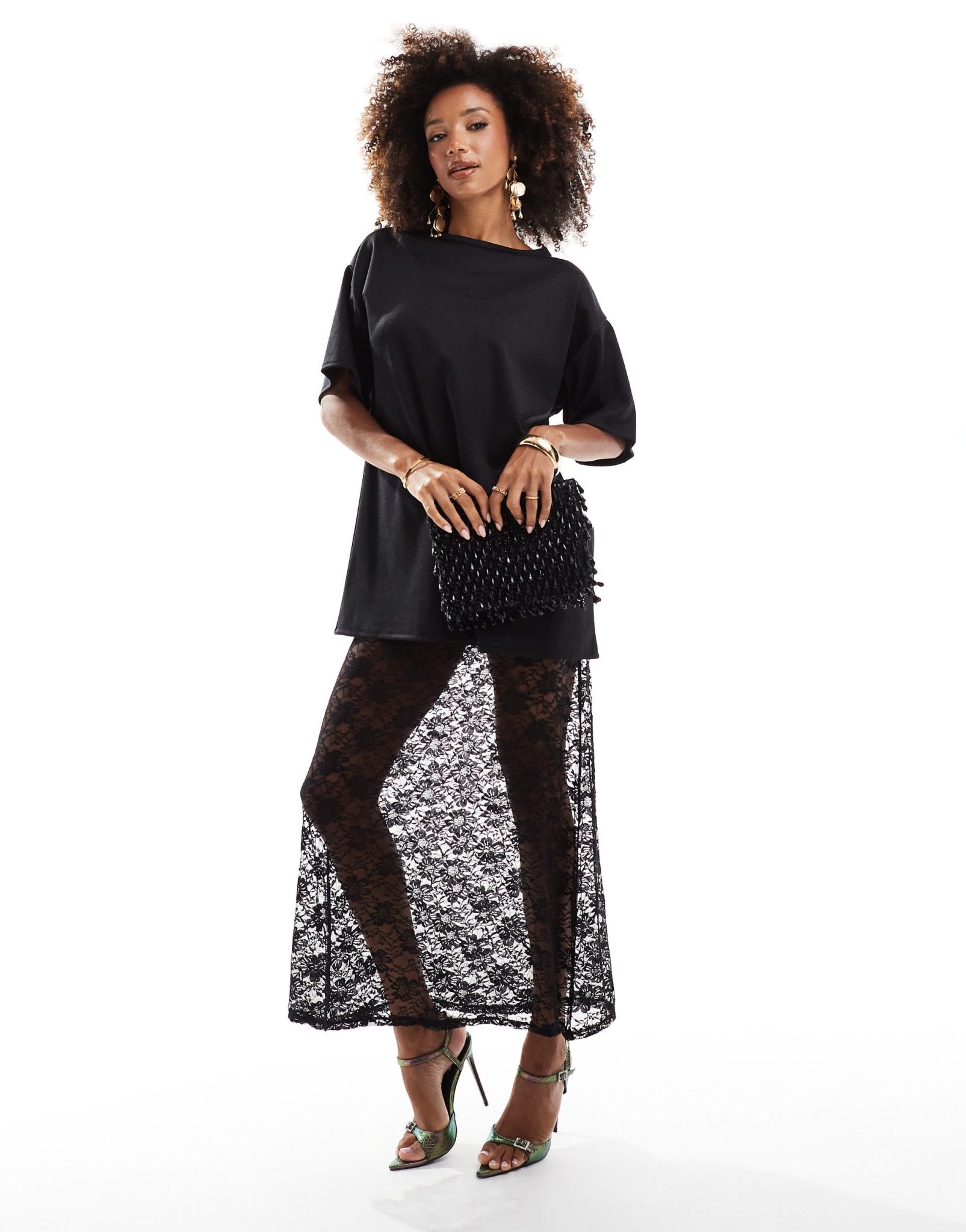 ASOS DESIGN 2 in 1 ponte t-shirt with cami midi lace slip dress in black - ASOS Sample Sale