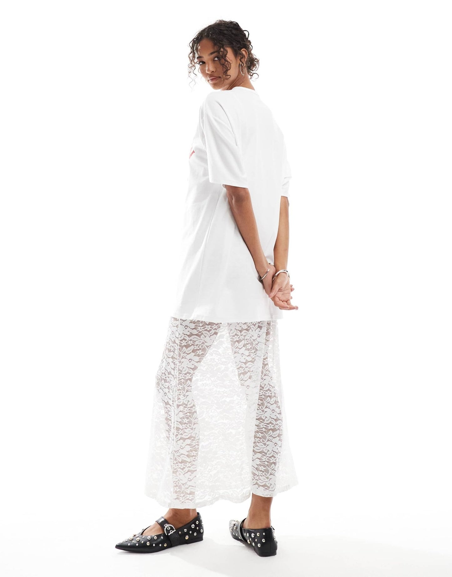 ASOS DESIGN 2 in 1 T-shirt midi lace dress in white with graphic print - ASOS Sample Sale