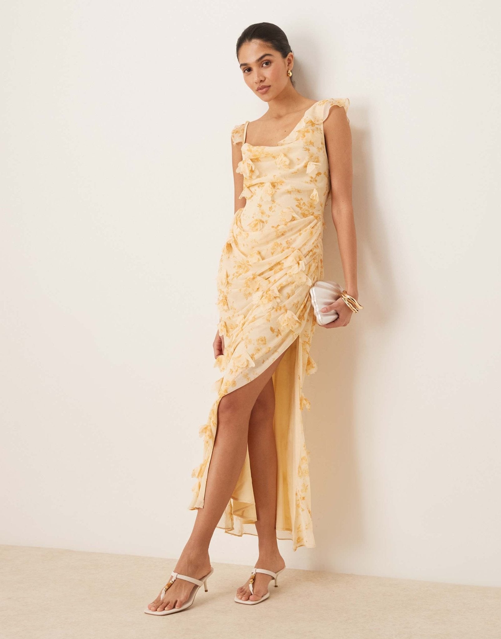 ASOS DESIGN 3D flower draped ruffle sleeve midaxi dress with open back in ditsy floral print - ASOS Sample Sale