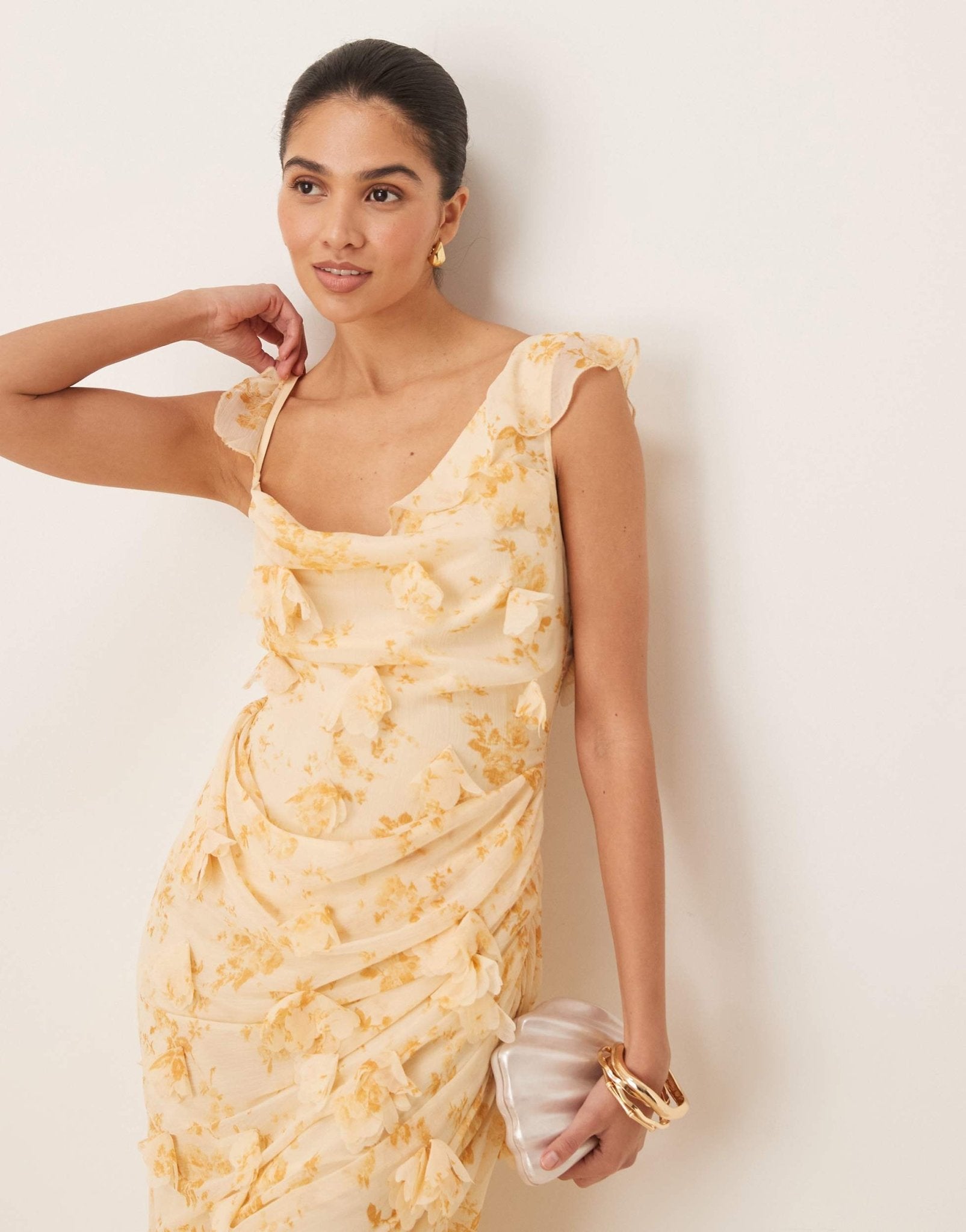 ASOS DESIGN 3D flower draped ruffle sleeve midaxi dress with open back in ditsy floral print - ASOS Sample Sale