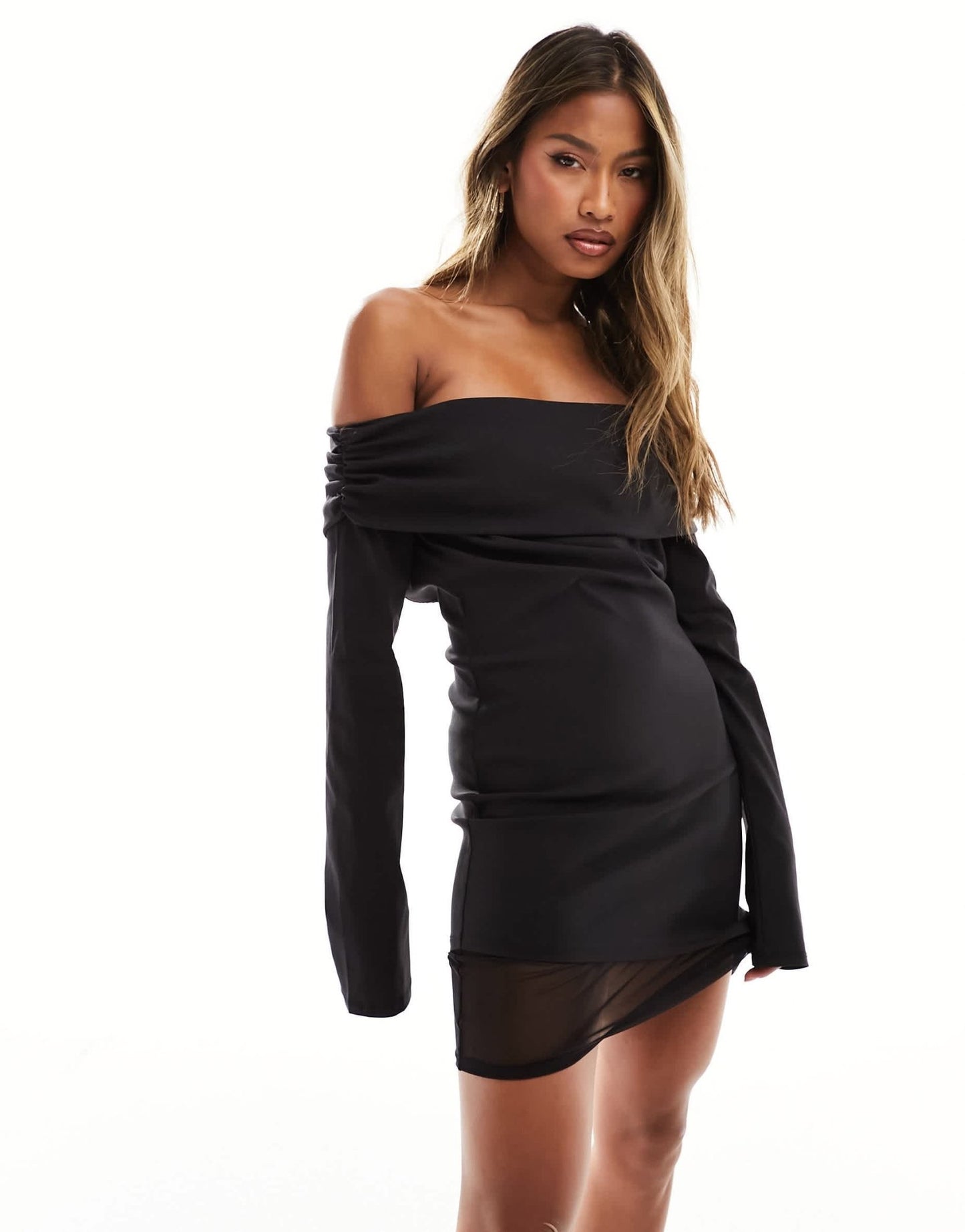 ASOS DESIGN 90s bardot mini dress with contrast mesh underlay in black - ASOS Sample Sale