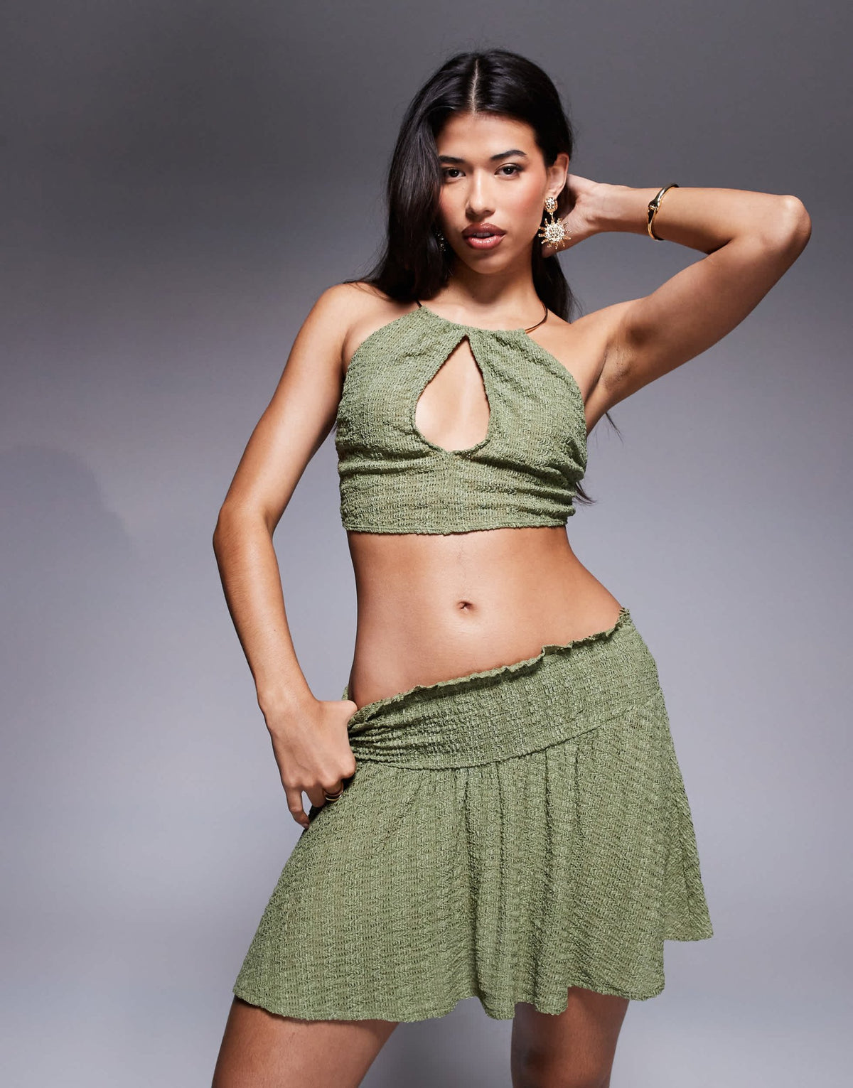 ASOS DESIGN Abigail ruched mini beach skirt co-ord in khaki - ASOS Sample Sale