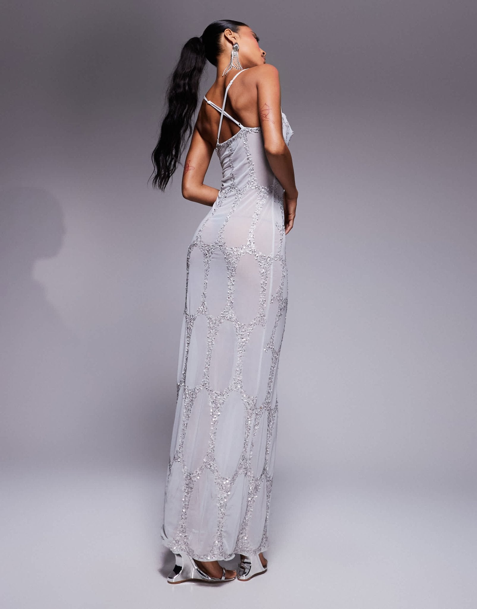 ASOS DESIGN all over embellished cupped maxi dress with asymmetric straps in silver - ASOS Sample Sale