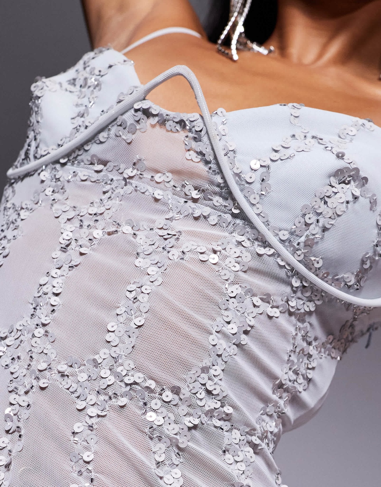 ASOS DESIGN all over embellished cupped maxi dress with asymmetric straps in silver - ASOS Sample Sale