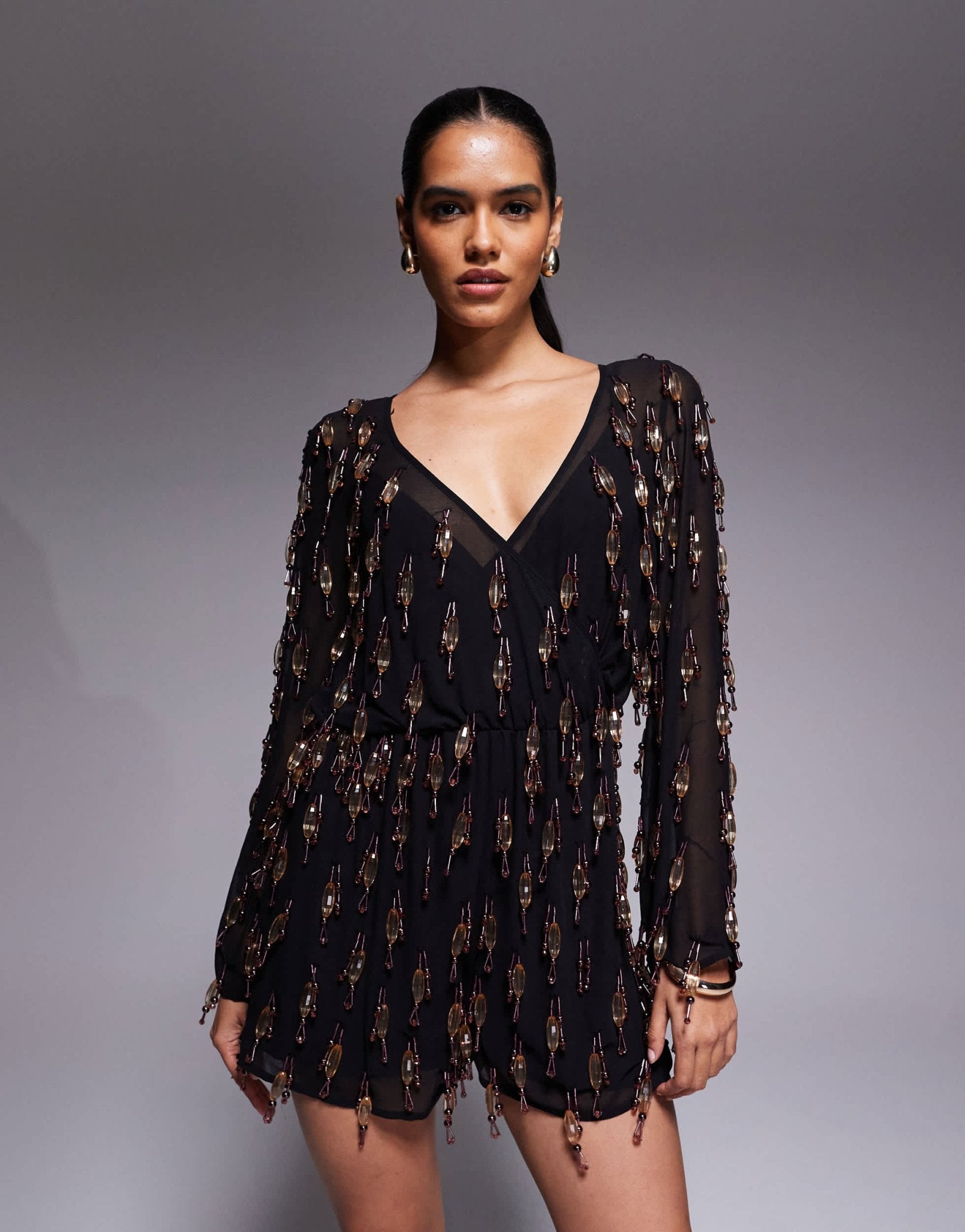 ASOS DESIGN allover embellished playsuit with blouson bodice in black - ASOS Sample Sale