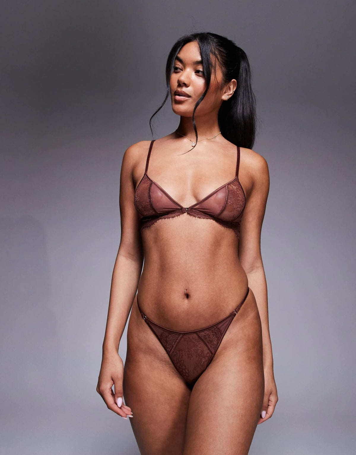 ASOS DESIGN Amber lace & sheer mesh tanga thong in chocolate - BLACK - ASOS Sample Sale