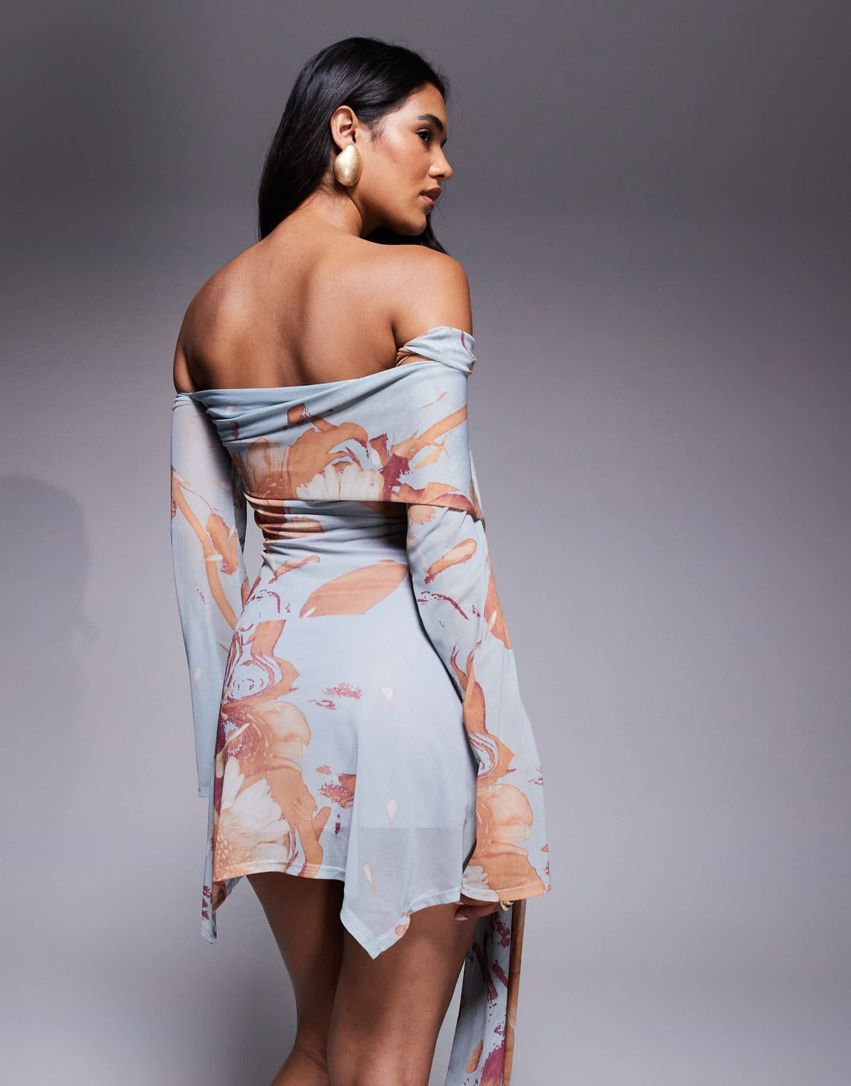 ASOS DESIGN angel sleeve bardot mini dress with tied trim detail mini dress in blue floral print - ASOS Sample Sale