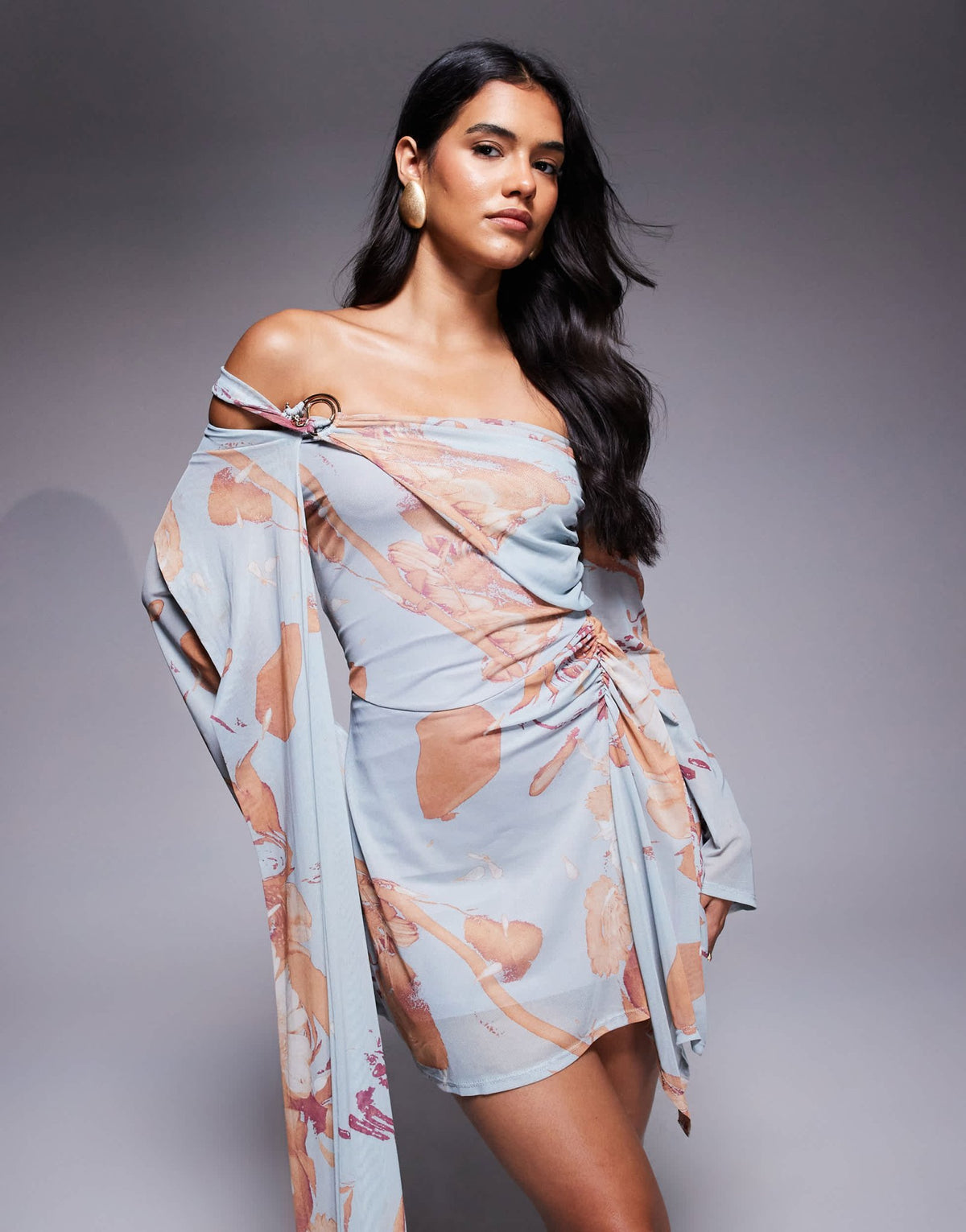 ASOS DESIGN angel sleeve bardot mini dress with tied trim detail mini dress in blue floral print - ASOS Sample Sale