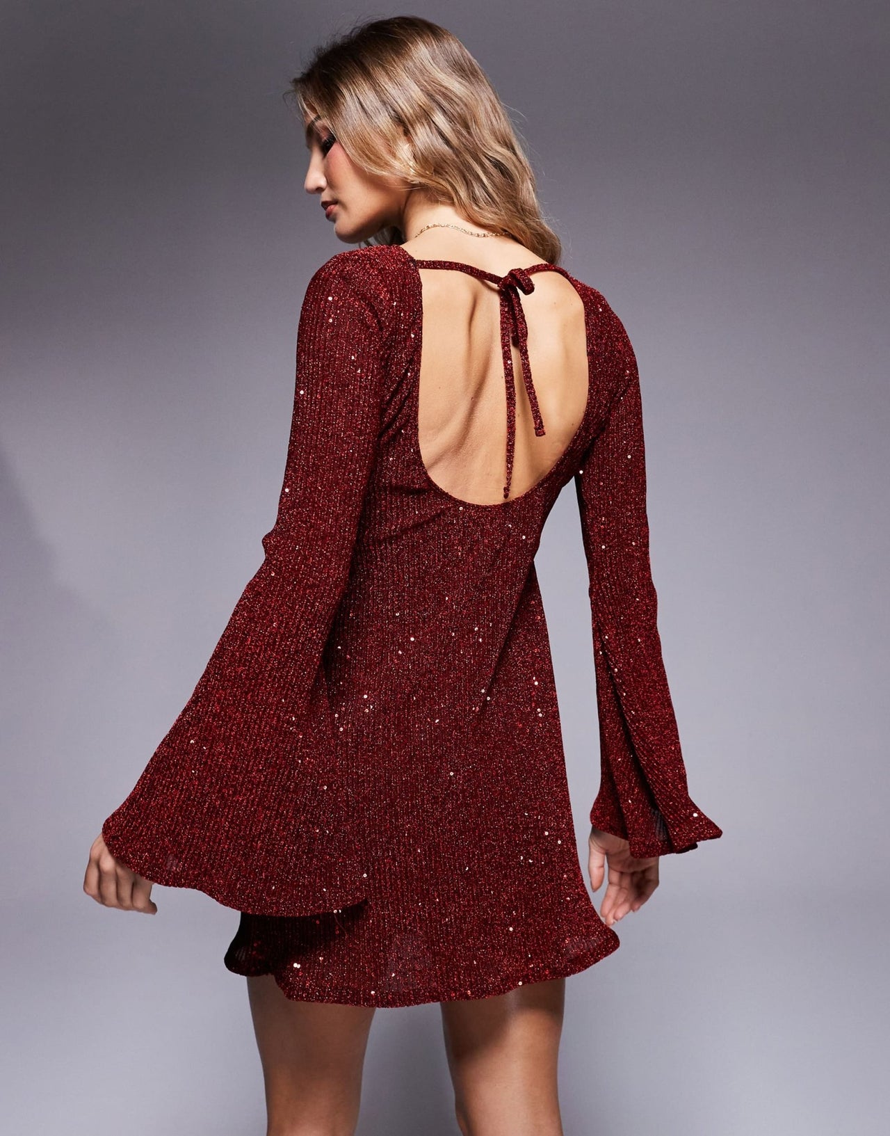 ASOS DESIGN angel sleeve sequin mini dress with low back in burgundy - ASOS Sample Sale